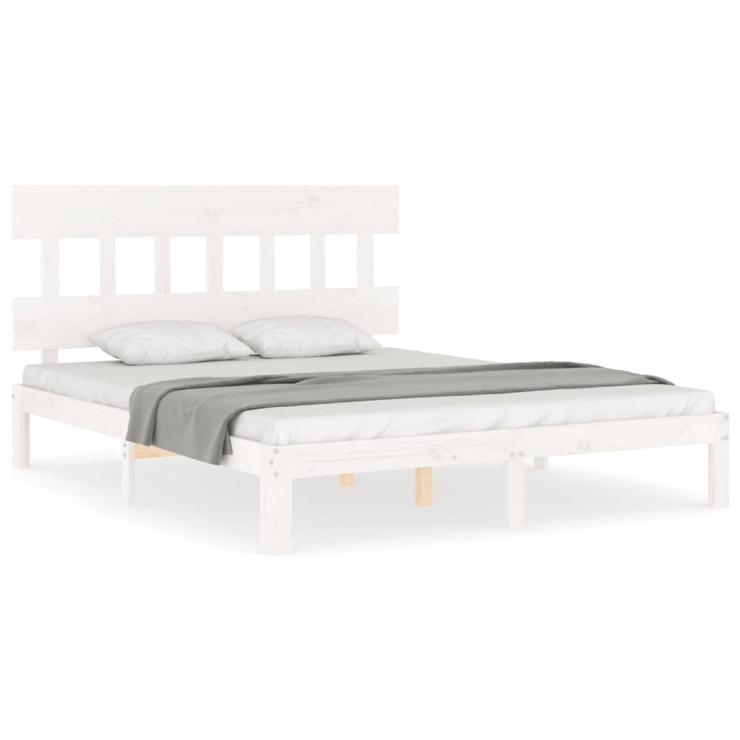 The Living Store Bedframe met hoofdbord massief hout wit 5 FT King Size - Bed