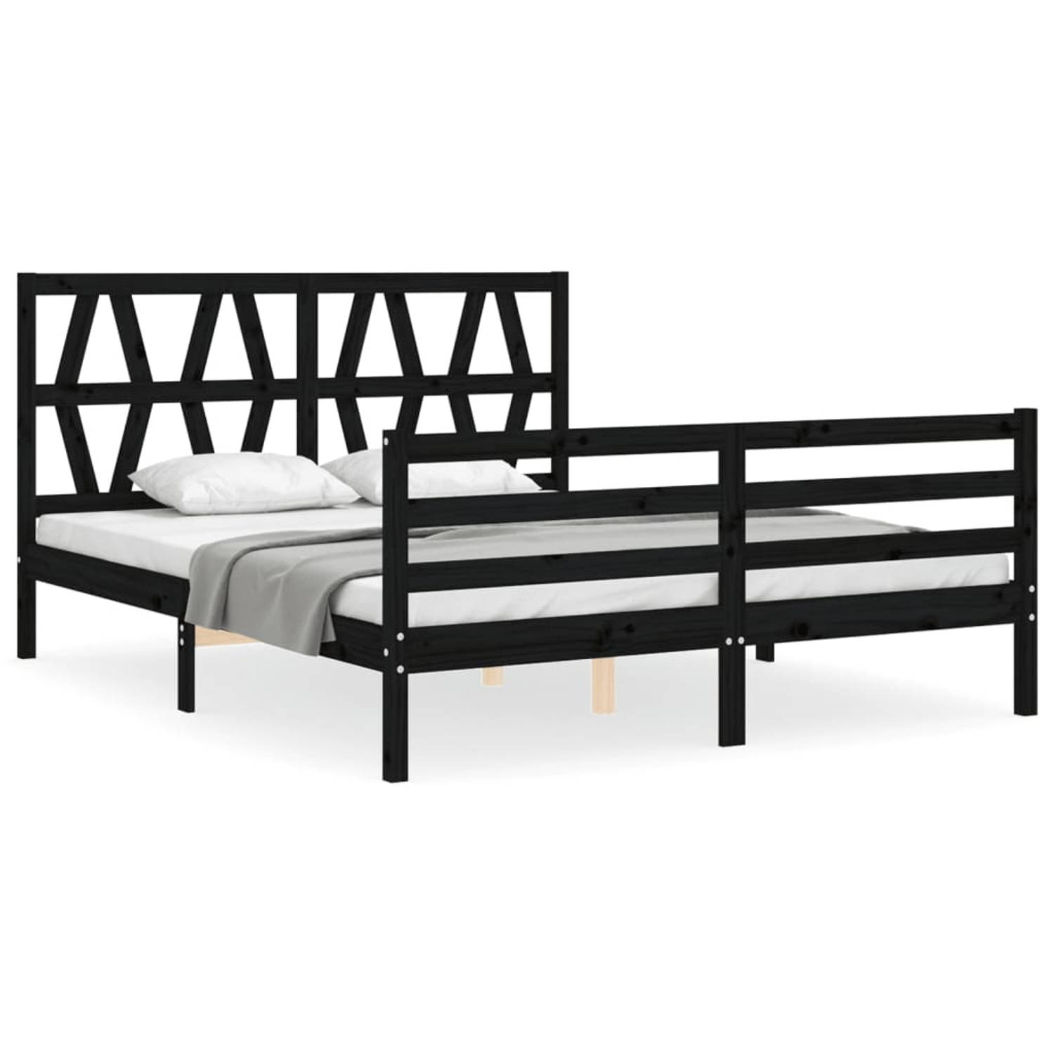 The Living Store Bedframe met hoofdbord massief hout zwart 160x200 cm - Bedframe - Bedframes - Bed - Tweepersoonsbed - Slaapkamermeubel - Houten Bedframe - Houten Bed - Bedbodem -