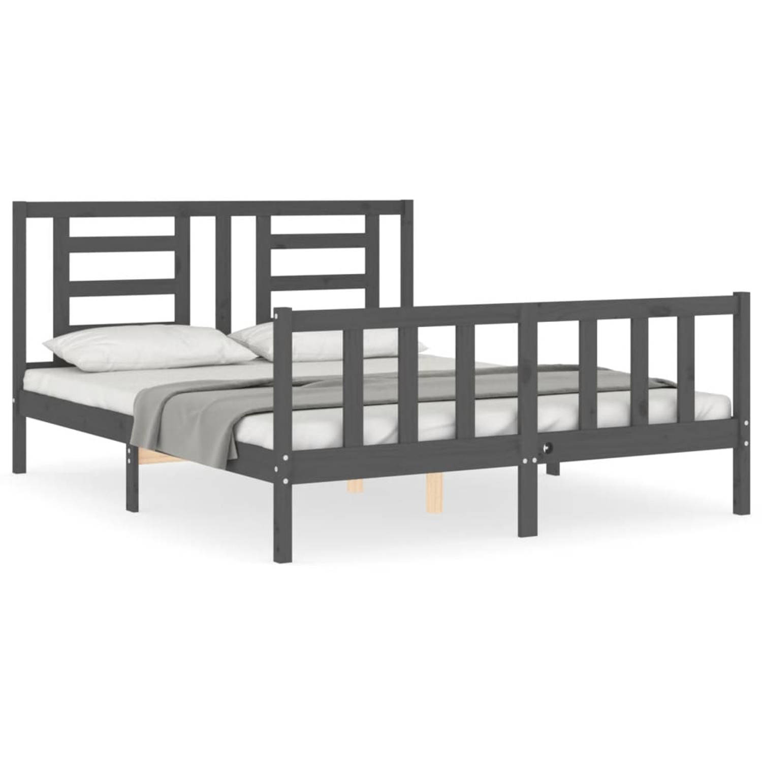 The Living Store Bedframe met hoofdbord massief hout grijs 160x200 cm - Bedframe - Bedframes - Bed - Tweepersoonsbed - Slaapkamermeubel - Houten Bedframe - Houten Bed - Bedbodem -