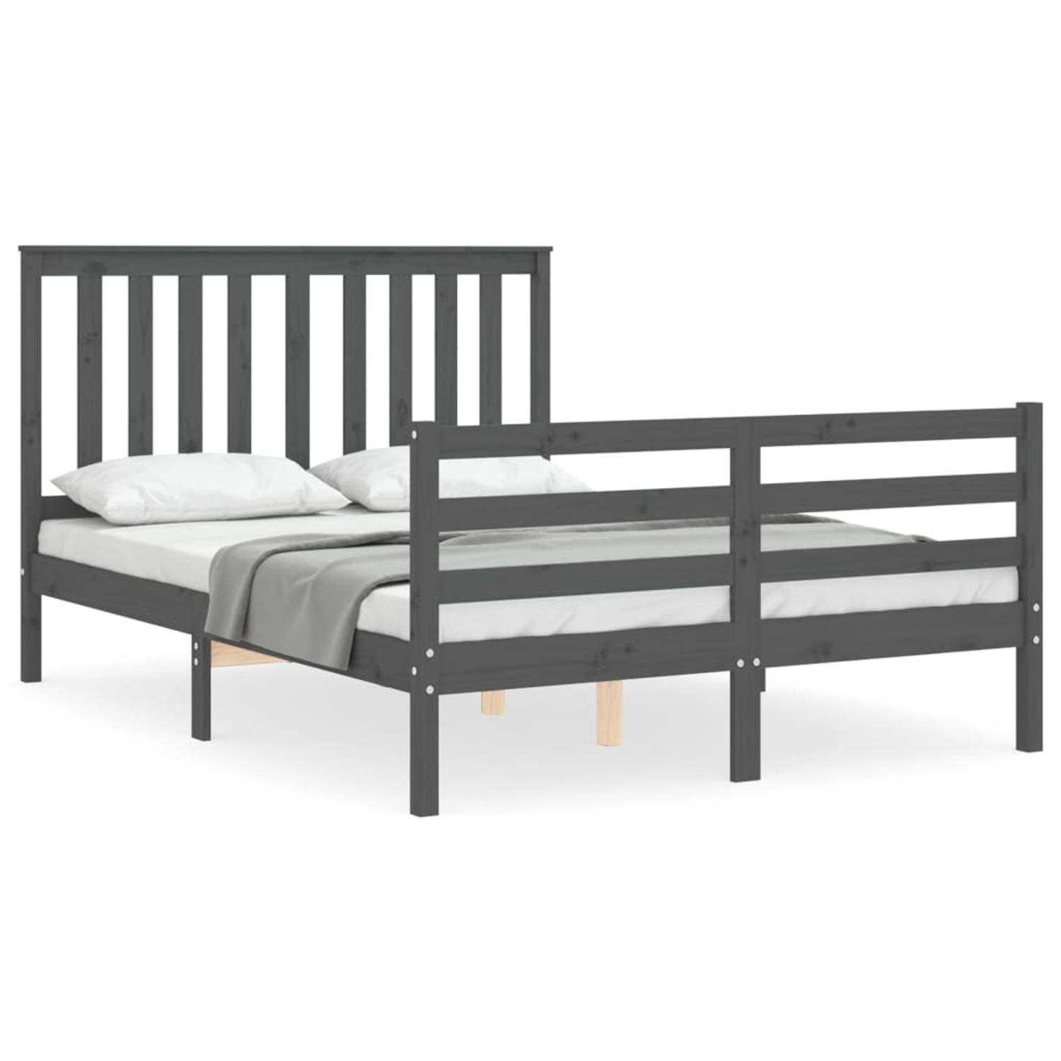 The Living Store Bedframe met hoofdbord massief hout grijs 140x200 cm - Bedframe - Bedframes - Bed - Tweepersoonsbed - Slaapkamermeubel - Houten Bedframe - Houten Bed - Bedbodem -