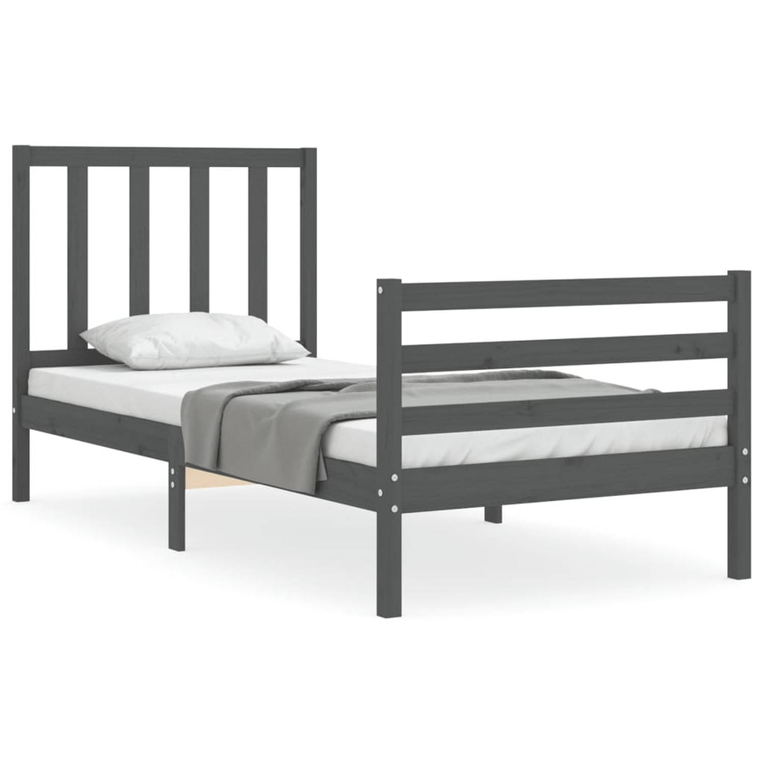 The Living Store Bedframe met hoofdbord massief hout grijs 100x200 cm - Bedframe - Bedframes - Bed - Eenpersoonsbed - Slaapkamermeubel - Houten Bedframe - Houten Bed - Bedbodem - M