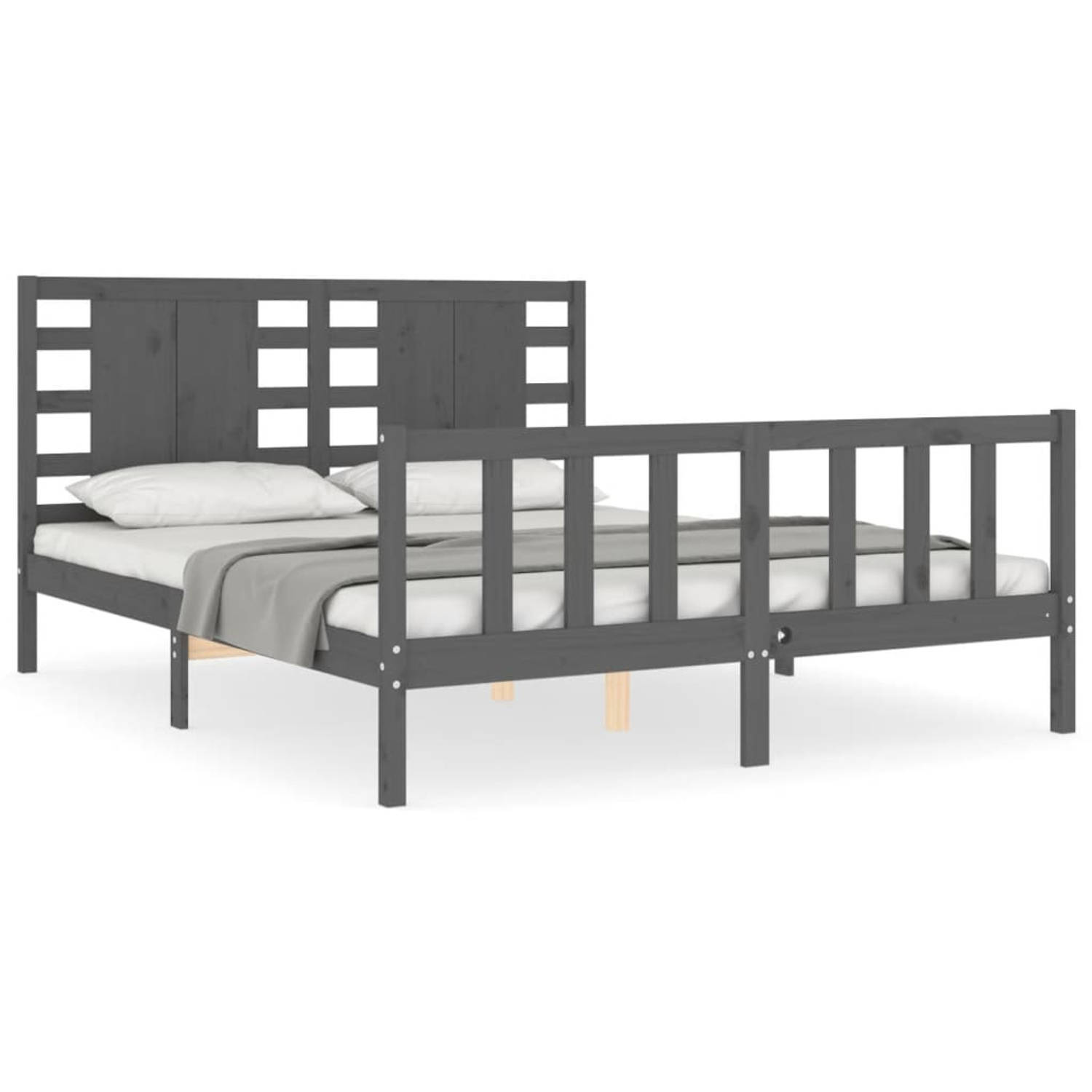 The Living Store Bedframe met hoofdbord massief hout grijs 160x200 cm - Bedframe - Bedframes - Bed - Tweepersoonsbed - Slaapkamermeubel - Houten Bedframe - Houten Bed - Bedbodem -