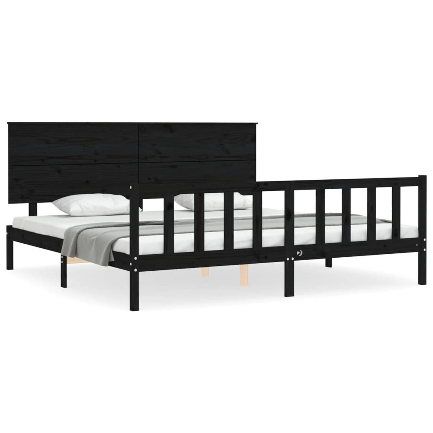 The Living Store Bedframe met hoofdbord massief hout zwart 200x200 cm - Bedframe - Bedframes - Bed - Tweepersoonsbed - Slaapkamermeubel - Houten Bedframe - Houten Bed - Bedbodem -