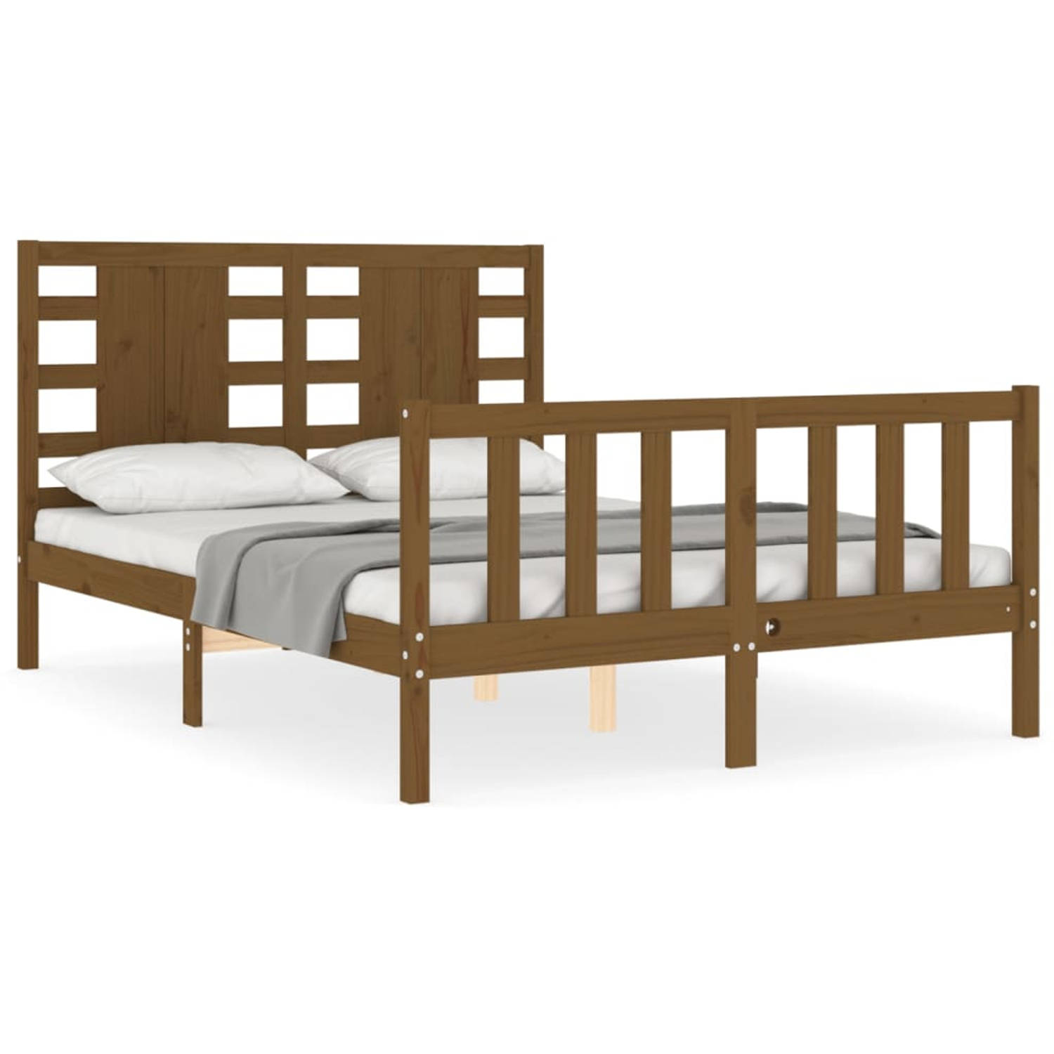 The Living Store Bedframe met hoofdbord massief hout honingbruin 140x200 cm - Bedframe - Bedframes - Bed - Tweepersoonsbed - Slaapkamermeubel - Houten Bedframe - Houten Bed - Bedbo