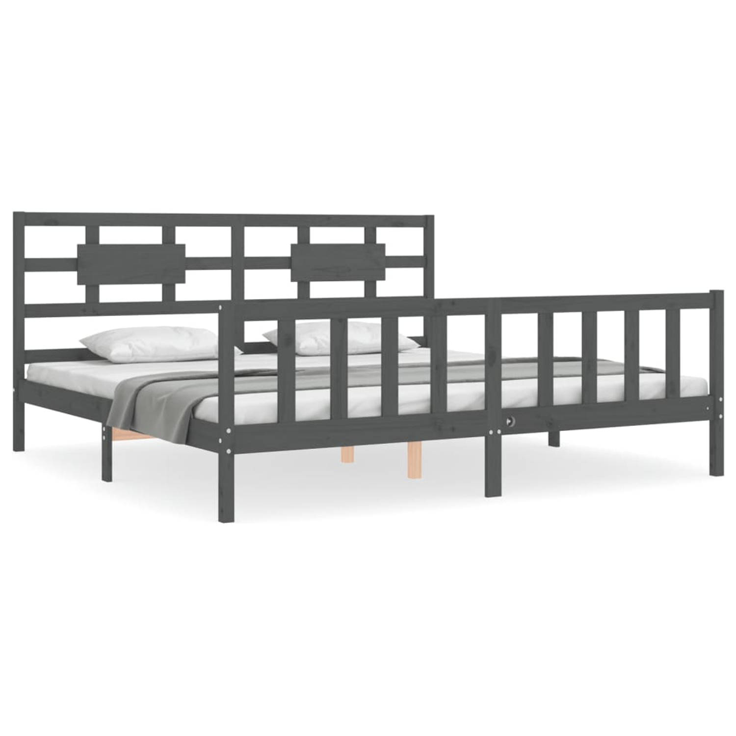 The Living Store Bedframe met hoofdbord massief hout grijs 6 FT Super King Size - Bedframe - Bedframes - Bed - Tweepersoonsbed - Slaapkamermeubel - Houten Bedframe - Houten Bed - B