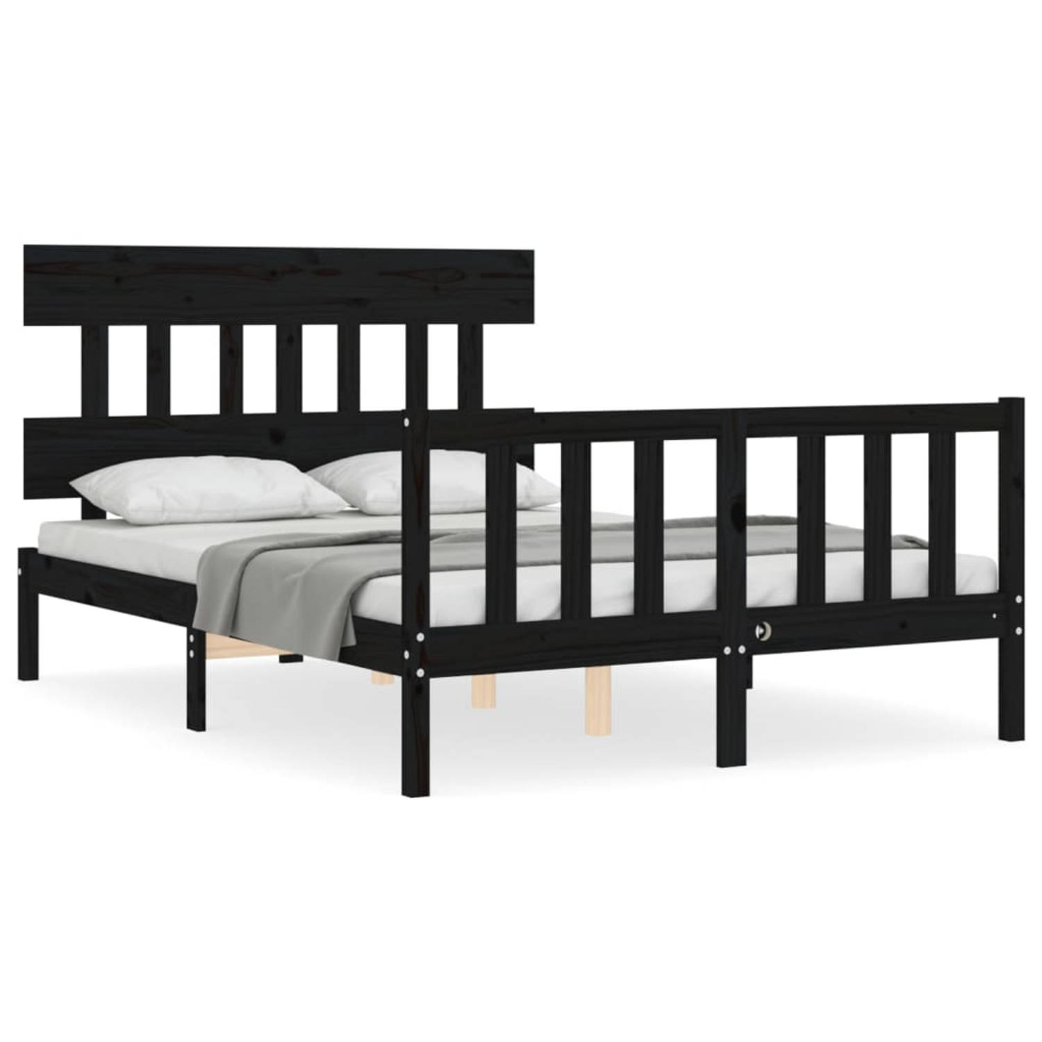 The Living Store Bedframe met hoofdbord massief hout zwart 4FT6 Double - Bedframe - Bedframes - Bed - Tweepersoonsbed - Slaapkamermeubel - Houten Bedframe - Houten Bed - Bedbodem -