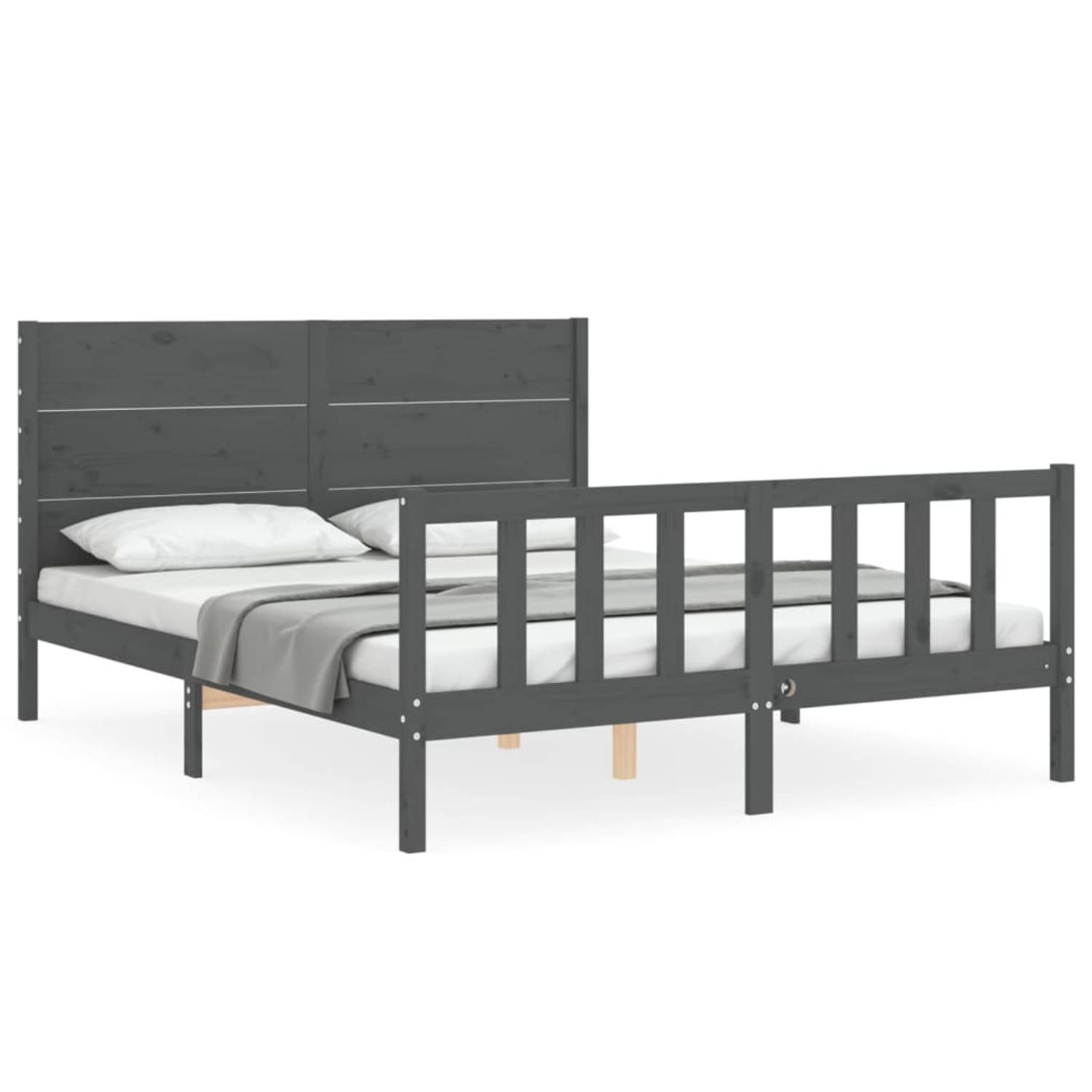 The Living Store Bedframe met hoofdbord massief hout grijs 5 FT King Size - Bedframe - Bedframes - Bed - Tweepersoonsbed - Slaapkamermeubel - Houten Bedframe - Houten Bed - Bedbode