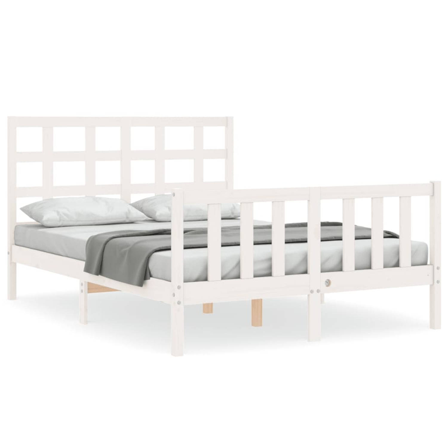 The Living Store Bedframe met hoofdbord massief hout wit 140x200 cm - Bedframe - Bedframes - Bed - Tweepersoonsbed - Slaapkamermeubel - Houten Bedframe - Houten Bed - Bedbodem - Ma