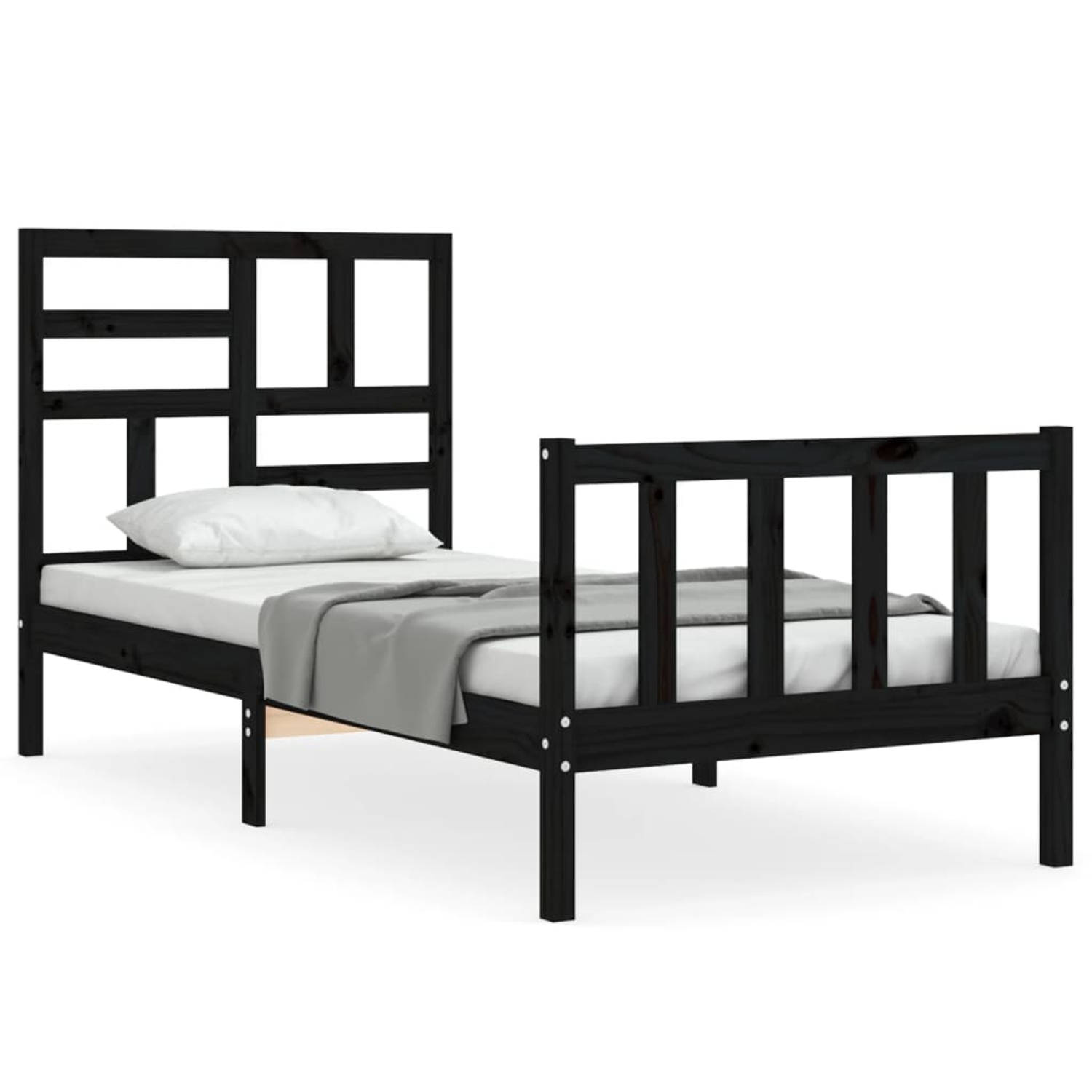 The Living Store Bedframe met hoofdbord massief hout zwart 90x200 cm - Bedframe - Bedframes - Bed - Eenpersoonsbed - Slaapkamermeubel - Houten Bedframe - Houten Bed - Bedbodem - Ma