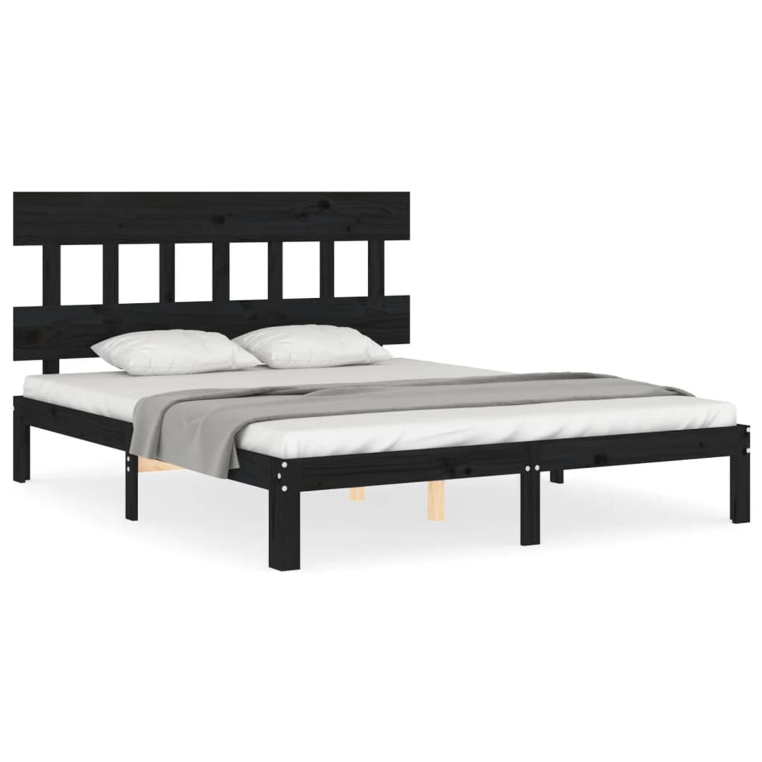 The Living Store Bedframe met hoofdbord massief hout zwart 160x200 cm - Bed