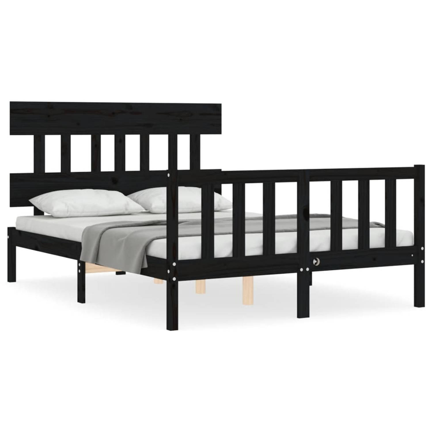 The Living Store Bedframe met hoofdbord massief hout zwart 140x200 cm - Bedframe - Bedframes - Bed - Tweepersoonsbed - Slaapkamermeubel - Houten Bedframe - Houten Bed - Bedbodem -