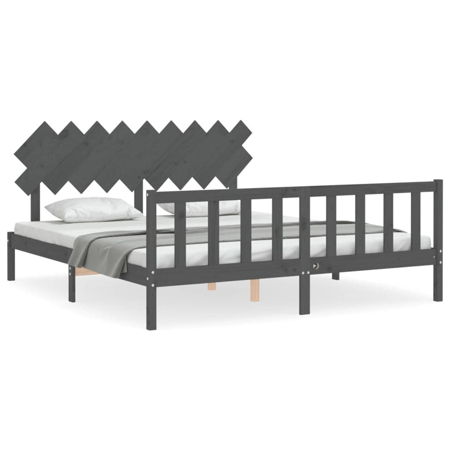 The Living Store Bedframe met hoofdbord massief hout grijs 6FT Super King - Bedframe - Bedframes - Bed - Tweepersoonsbed - Slaapkamermeubel - Houten Bedframe - Houten Bed - Bedbode