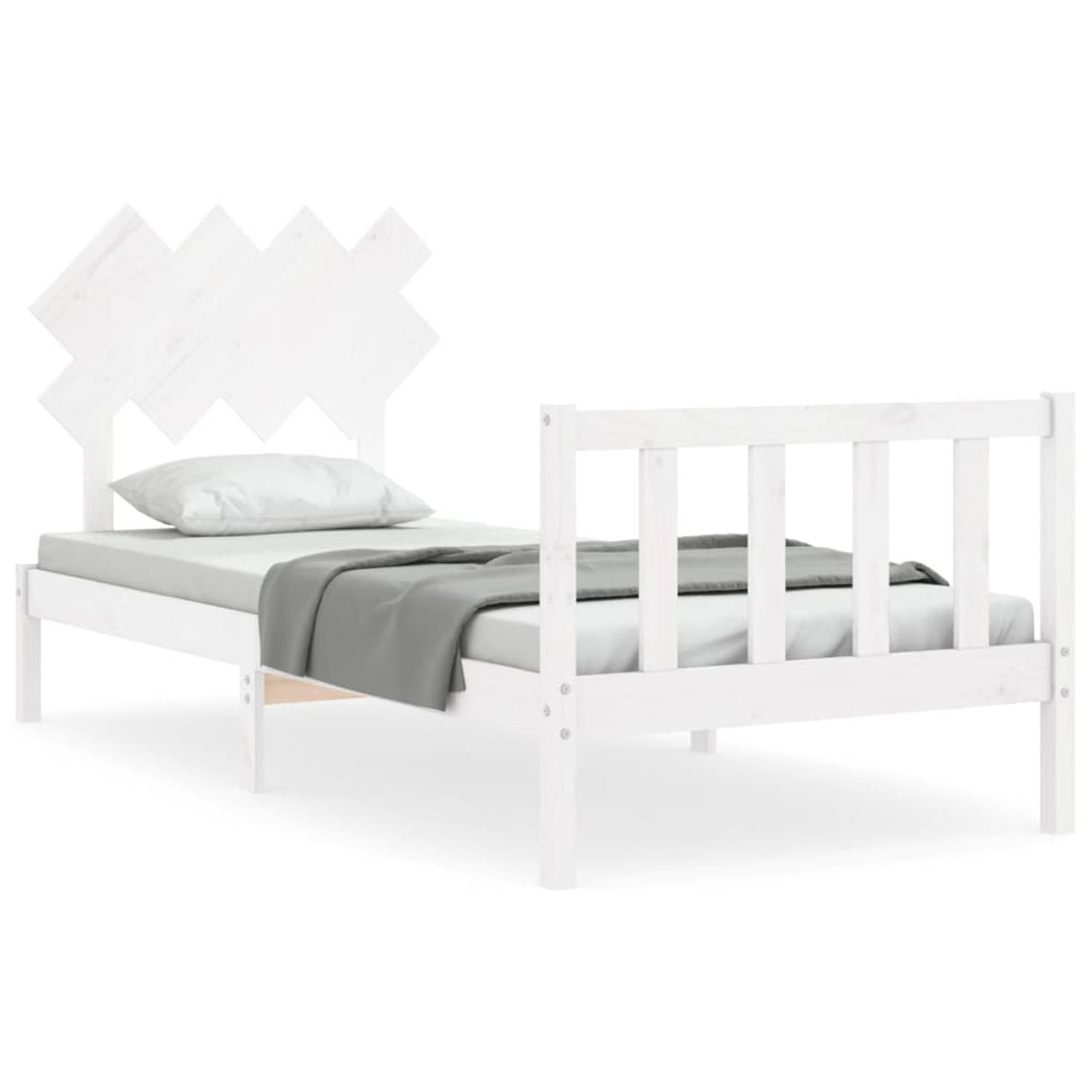 The Living Store Bedframe met hoofdbord massief hout wit 3FT Single - Bedframe - Bedframes - Bed - Eenpersoonsbed - Slaapkamermeubel - Houten Bedframe - Houten Bed - Bedbodem - Mas