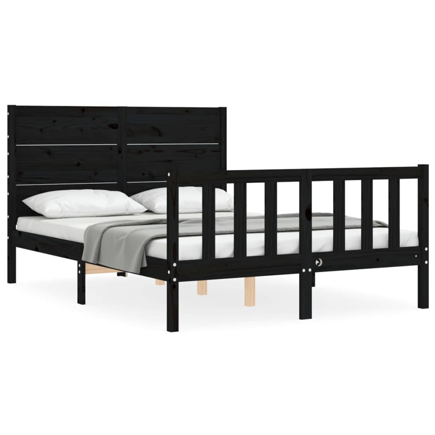 The Living Store Bedframe met hoofdbord massief hout zwart 4FT Small Double - Bedframe - Bedframes - Bed - Tweepersoonsbed - Slaapkamermeubel - Houten Bedframe - Houten Bed - Bedbo