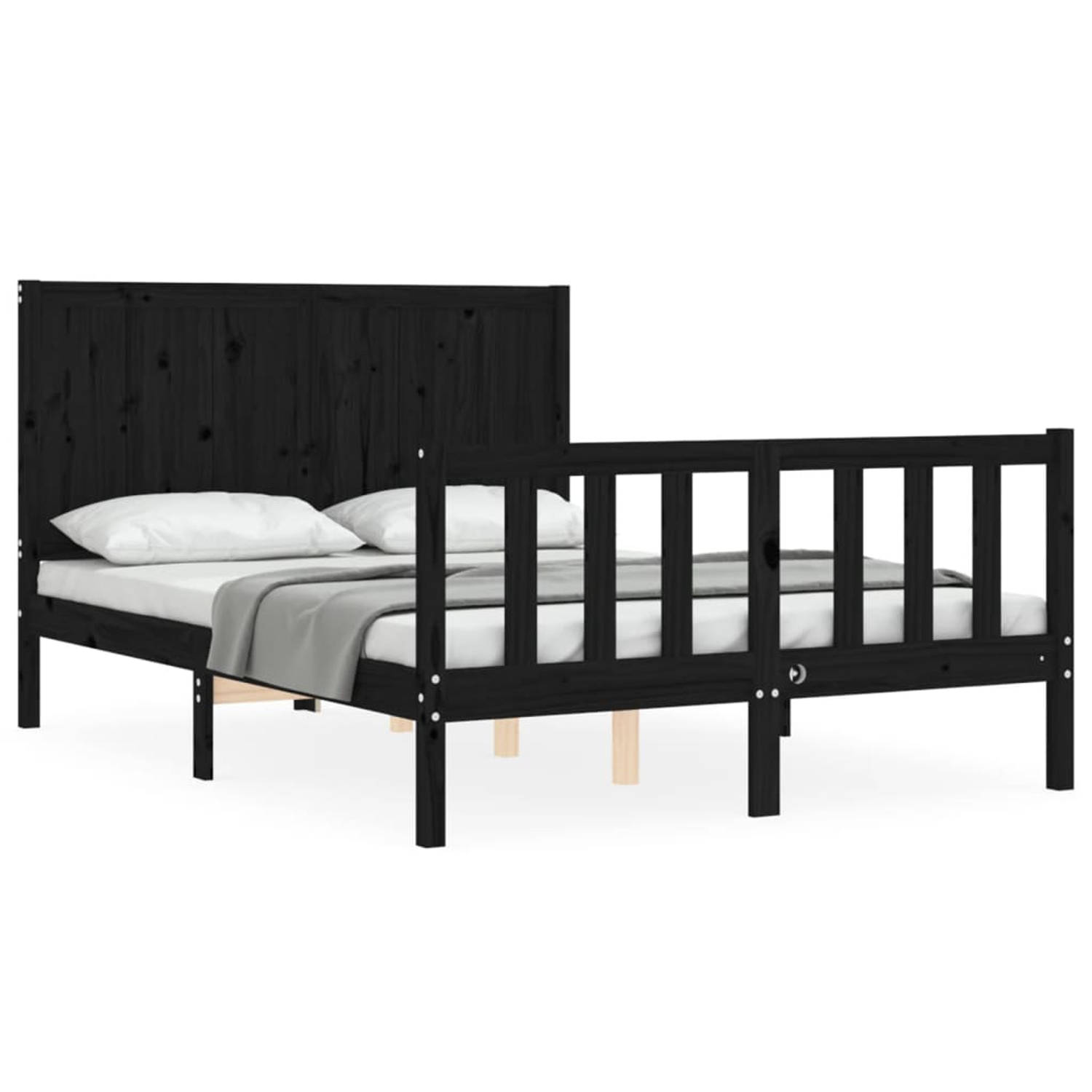 The Living Store Bedframe met hoofdbord massief hout zwart 140x200 cm - Bedframe - Bedframes - Bed - Tweepersoonsbed - Slaapkamermeubel - Houten Bedframe - Houten Bed - Bedbodem -