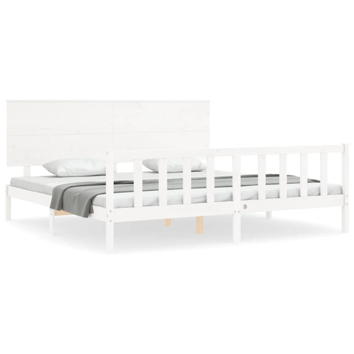 The Living Store Bedframe met hoofdbord massief hout wit 200x200 cm - Bedframe - Bedframes - Bed - Tweepersoonsbed - Slaapkamermeubel - Houten Bedframe - Houten Bed - Bedbodem - Ma