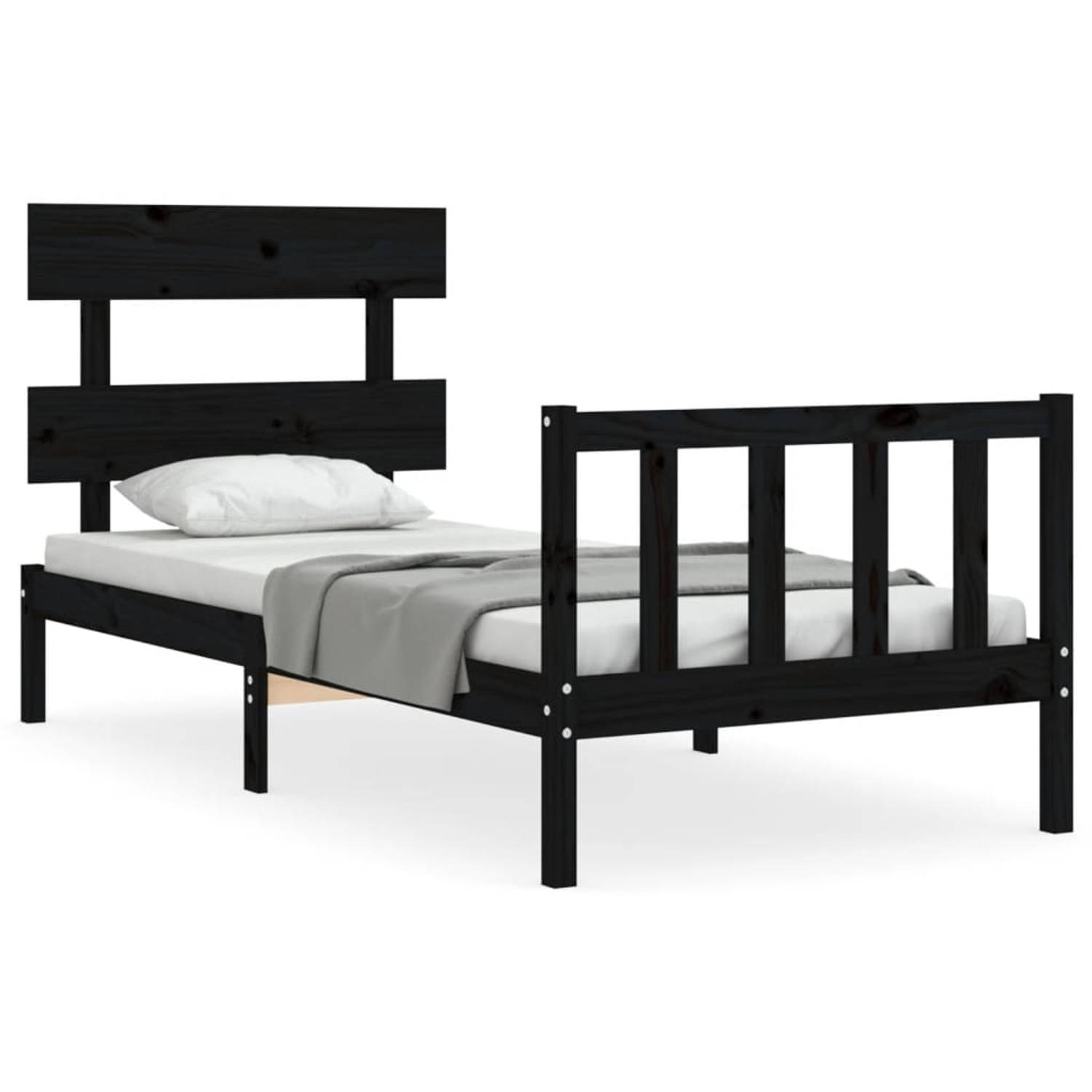 The Living Store Bedframe met hoofdbord massief hout zwart 3FT Single - Bedframe - Bedframes - Bed - Eenpersoonsbed - Slaapkamermeubel - Houten Bedframe - Houten Bed - Bedbodem - M