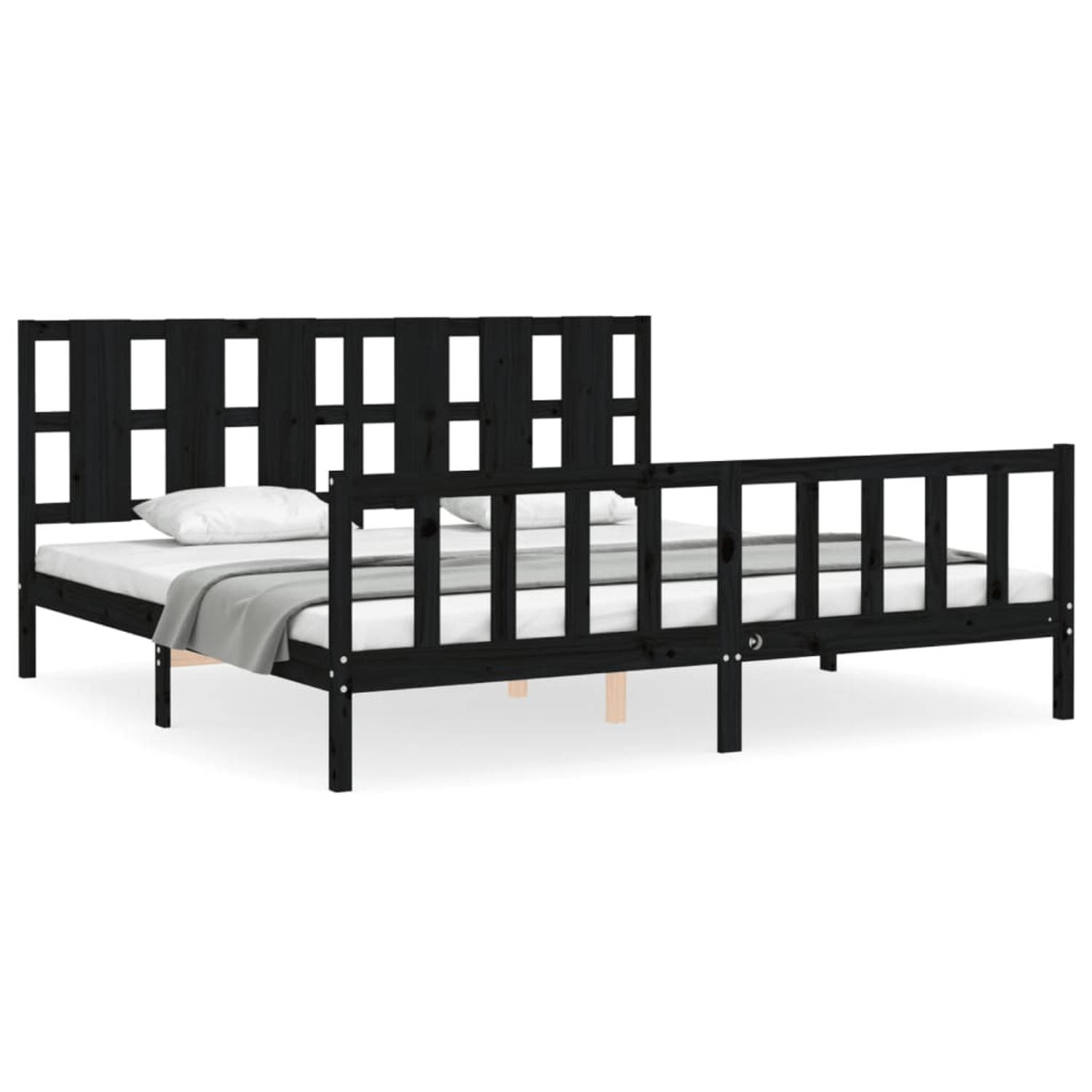 The Living Store Bedframe met hoofdbord massief hout zwart 200x200 cm - Bedframe - Bedframes - Bed - Tweepersoonsbed - Slaapkamermeubel - Houten Bedframe - Houten Bed - Bedbodem -