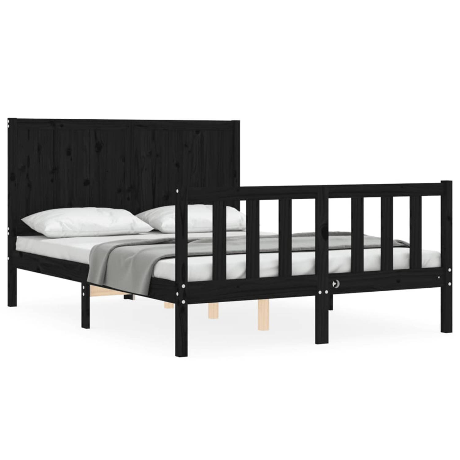 The Living Store Bedframe met hoofdbord massief hout zwart 4FT Small Double - Bedframe - Bedframes - Bed - Tweepersoonsbed - Slaapkamermeubel - Houten Bedframe - Houten Bed - Bedbo