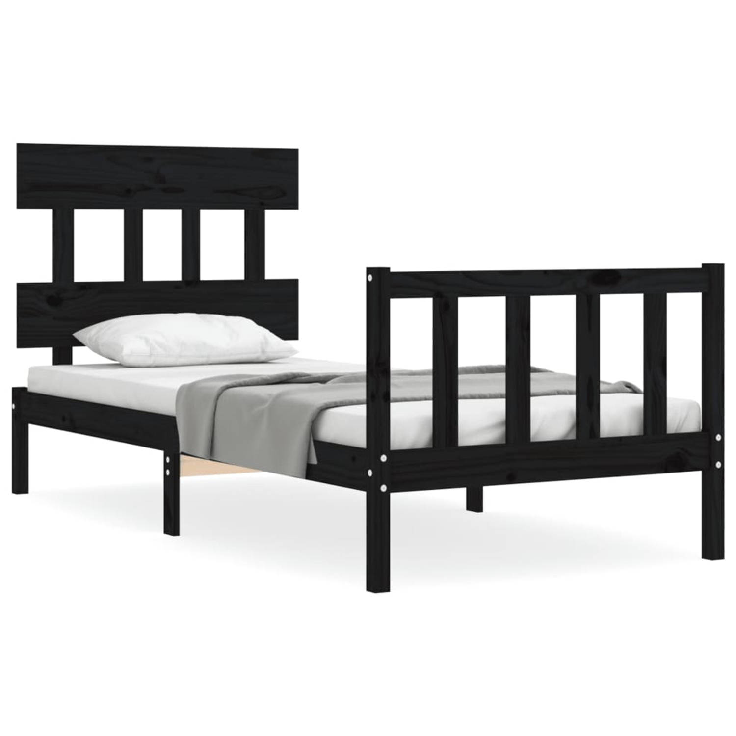 The Living Store Bedframe met hoofdbord massief hout zwart 100x200 cm - Bedframe - Bedframes - Bed - Eenpersoonsbed - Slaapkamermeubel - Houten Bedframe - Houten Bed - Bedbodem - M