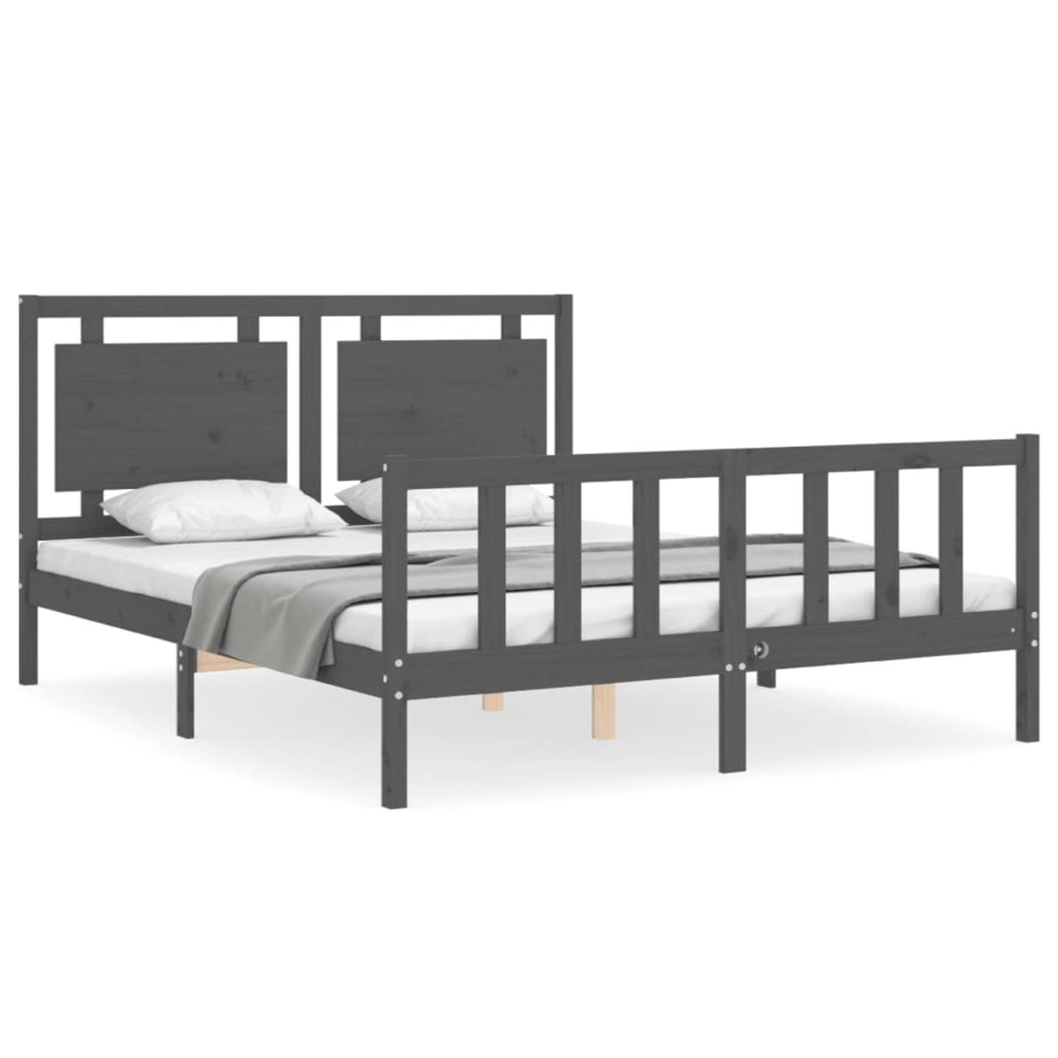 The Living Store Bedframe met hoofdbord massief hout grijs 5 FT King Size - Bedframe - Bedframes - Bed - Tweepersoonsbed - Slaapkamermeubel - Houten Bedframe - Houten Bed - Bedbode