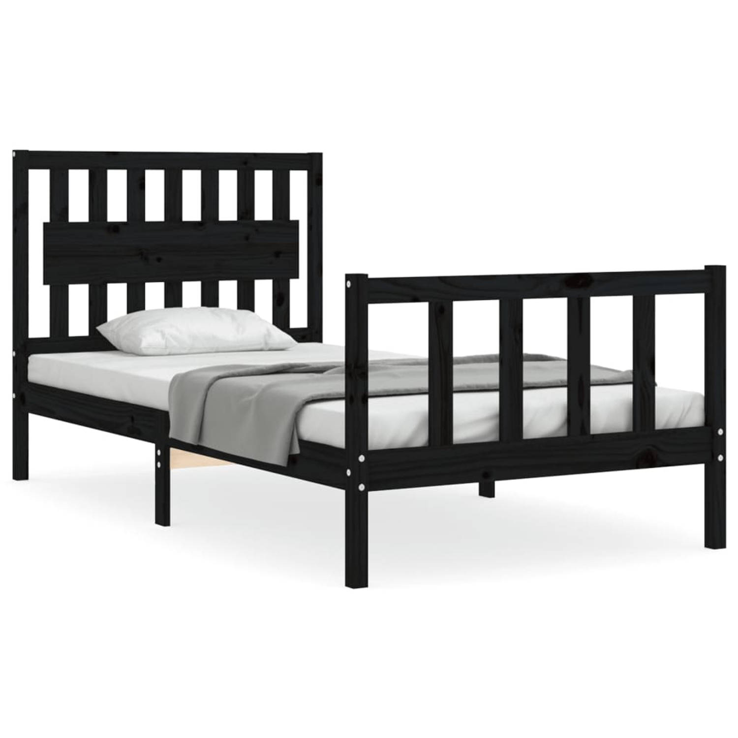 The Living Store Bedframe met hoofdbord massief hout zwart 100x200 cm - Bedframe - Bedframes - Bed - Eenpersoonsbed - Slaapkamermeubel - Houten Bedframe - Houten Bed - Bedbodem - M