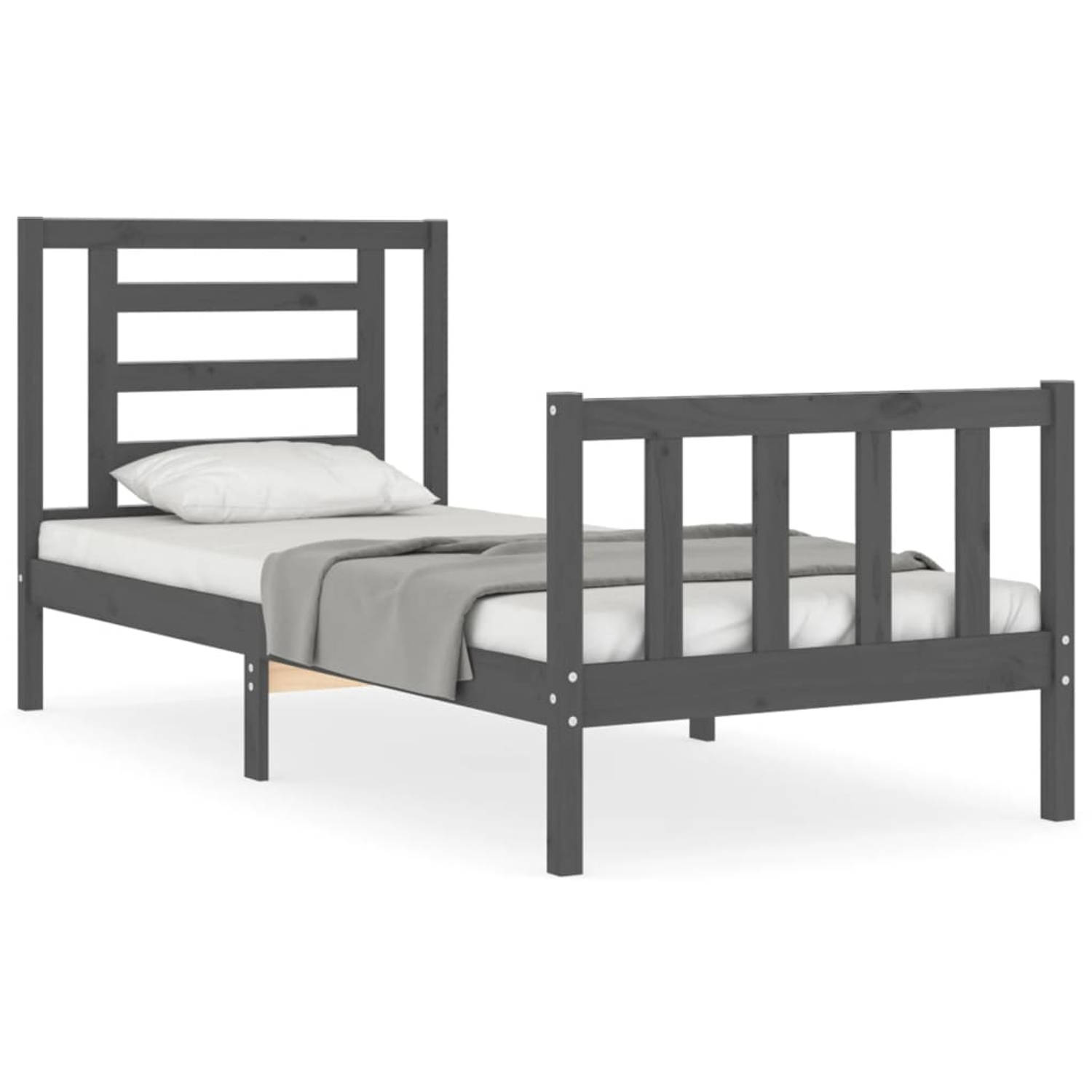 The Living Store Bedframe met hoofdbord massief hout grijs 100x200 cm - Bedframe - Bedframes - Bed - Eenpersoonsbed - Slaapkamermeubel - Houten Bedframe - Houten Bed - Bedbodem - M