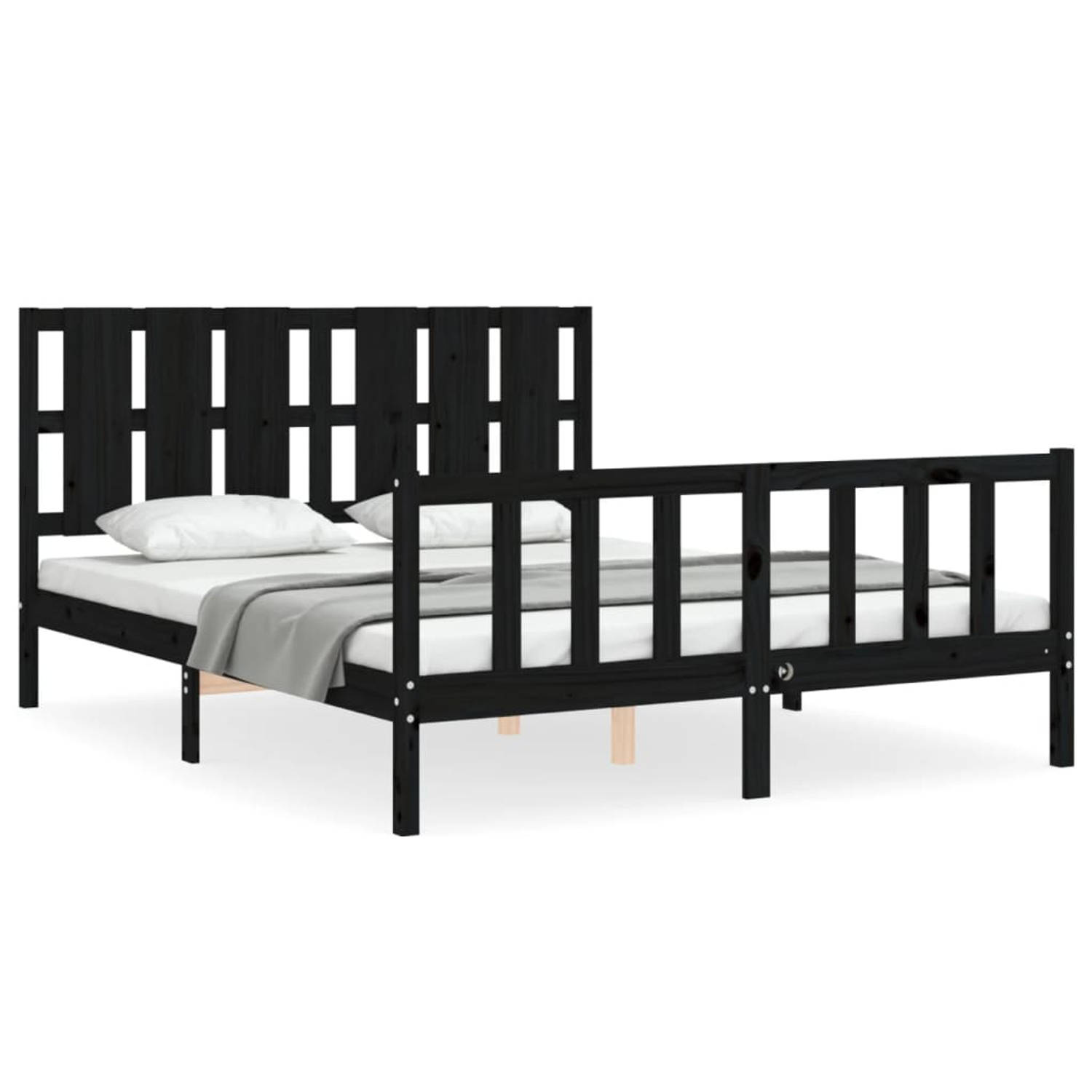 The Living Store Bedframe met hoofdbord massief hout zwart 5FT King Size - Bedframe - Bedframes - Bed - Tweepersoonsbed - Slaapkamermeubel - Houten Bedframe - Houten Bed - Bedbodem