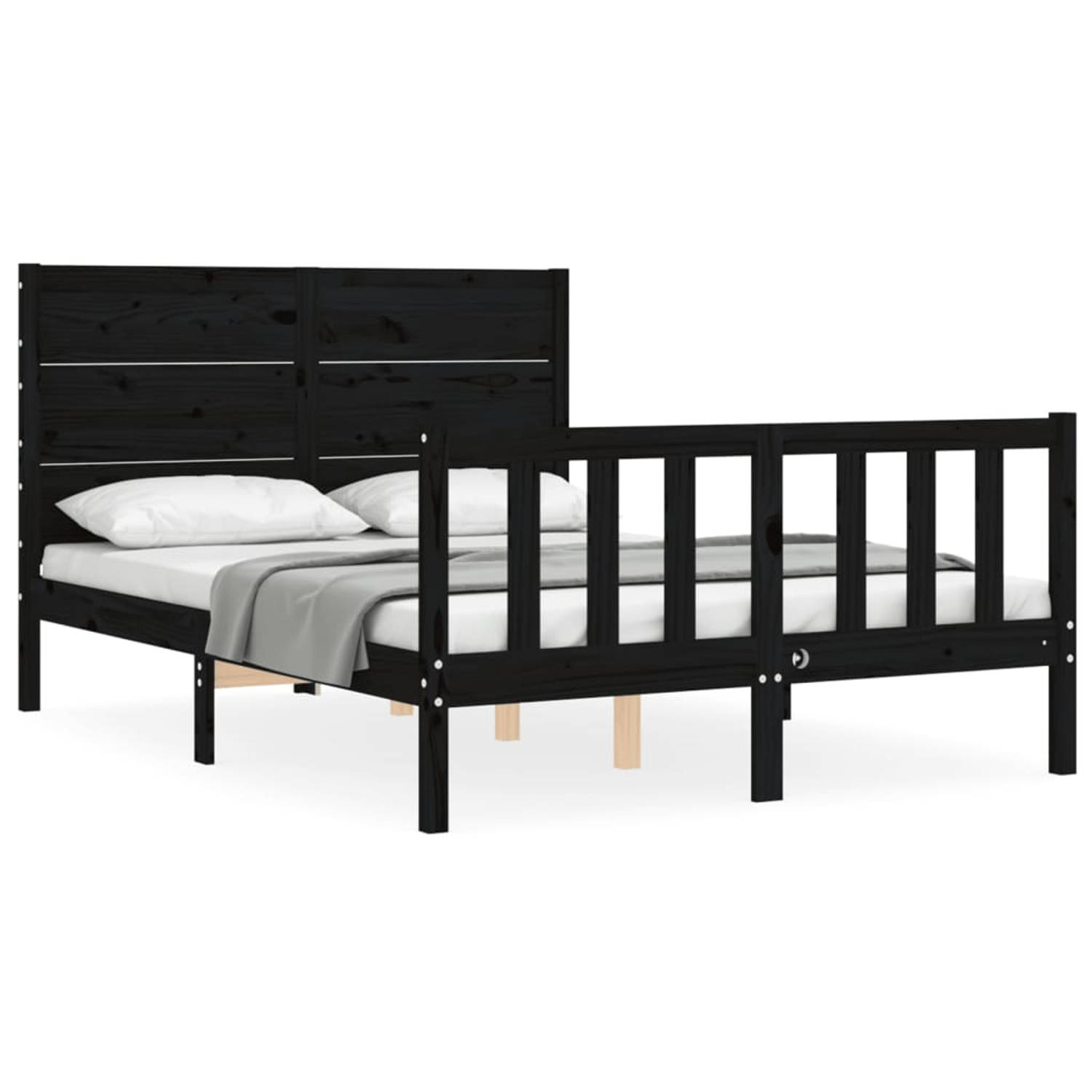 The Living Store Bedframe met hoofdbord massief hout zwart 140x200 cm - Bedframe - Bedframes - Bed - Tweepersoonsbed - Slaapkamermeubel - Houten Bedframe - Houten Bed - Bedbodem -