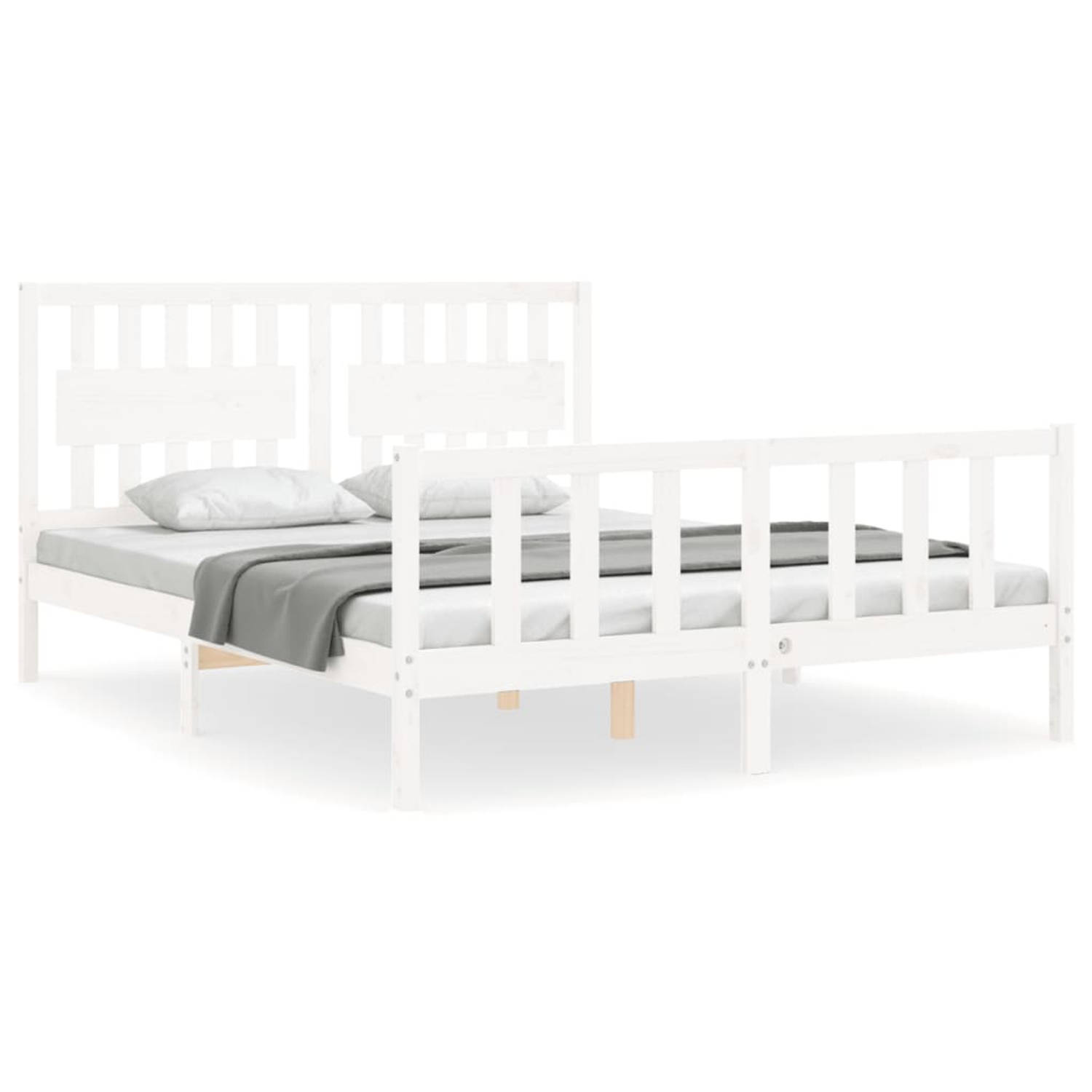 The Living Store Bedframe met hoofdbord massief hout wit 160x200 cm - Bedframe - Bedframes - Bed - Tweepersoonsbed - Slaapkamermeubel - Houten Bedframe - Houten Bed - Bedbodem - Ma