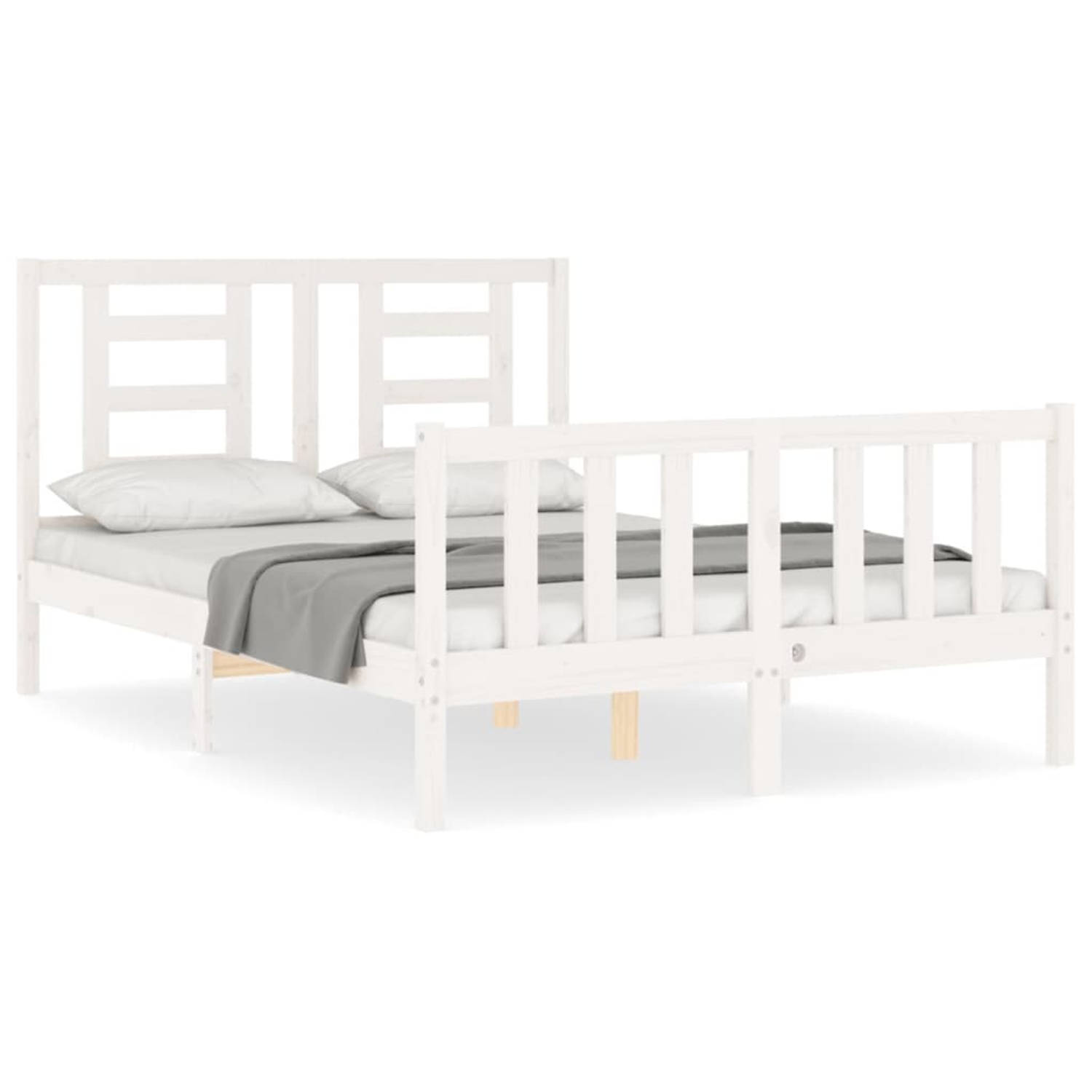 The Living Store Bedframe met hoofdbord massief hout wit 4FT6 Double - Bedframe - Bedframes - Bed - Tweepersoonsbed - Slaapkamermeubel - Houten Bedframe - Houten Bed - Bedbodem - M