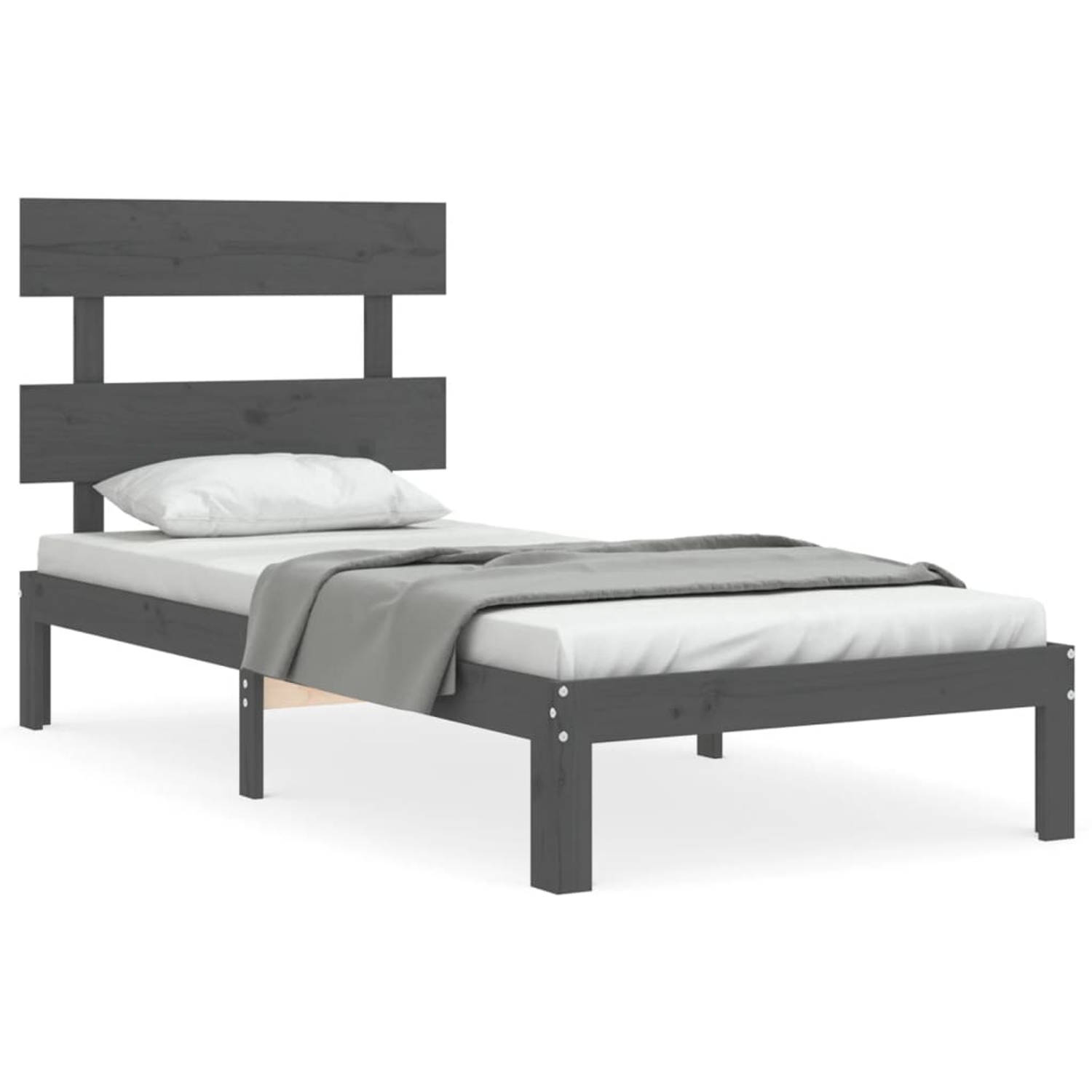 The Living Store Bedframe met hoofdbord massief hout grijs 100x200 cm - Bedframe - Bedframes - Bed - Eenpersoonsbed - Slaapkamermeubel - Houten Bedframe - Houten Bed - Bedbodem - M