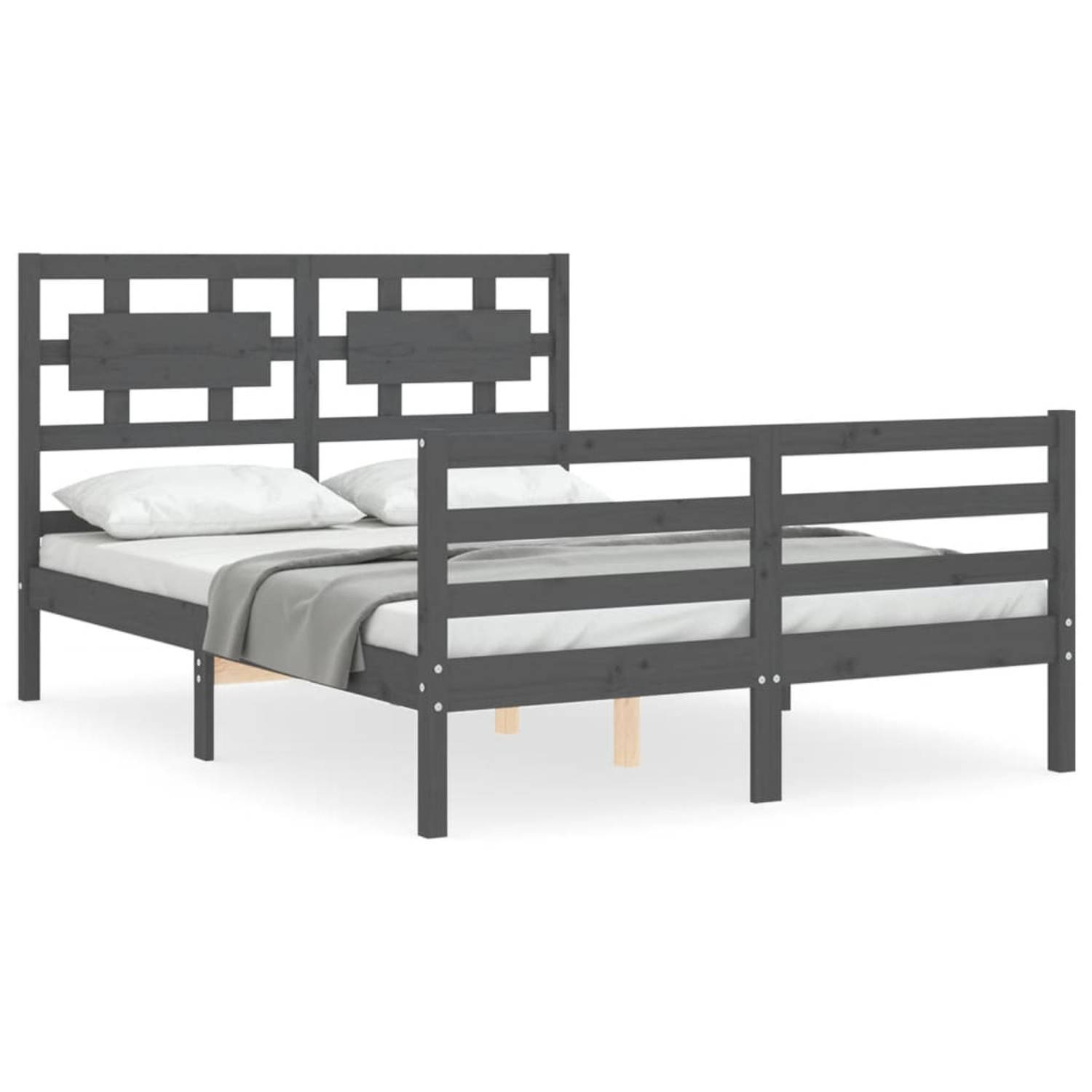 The Living Store Bedframe met hoofdbord massief hout grijs 4FT Small Double - Bedframe - Bedframes - Bed - Tweepersoonsbed - Slaapkamermeubel - Houten Bedframe - Houten Bed - Bedbo