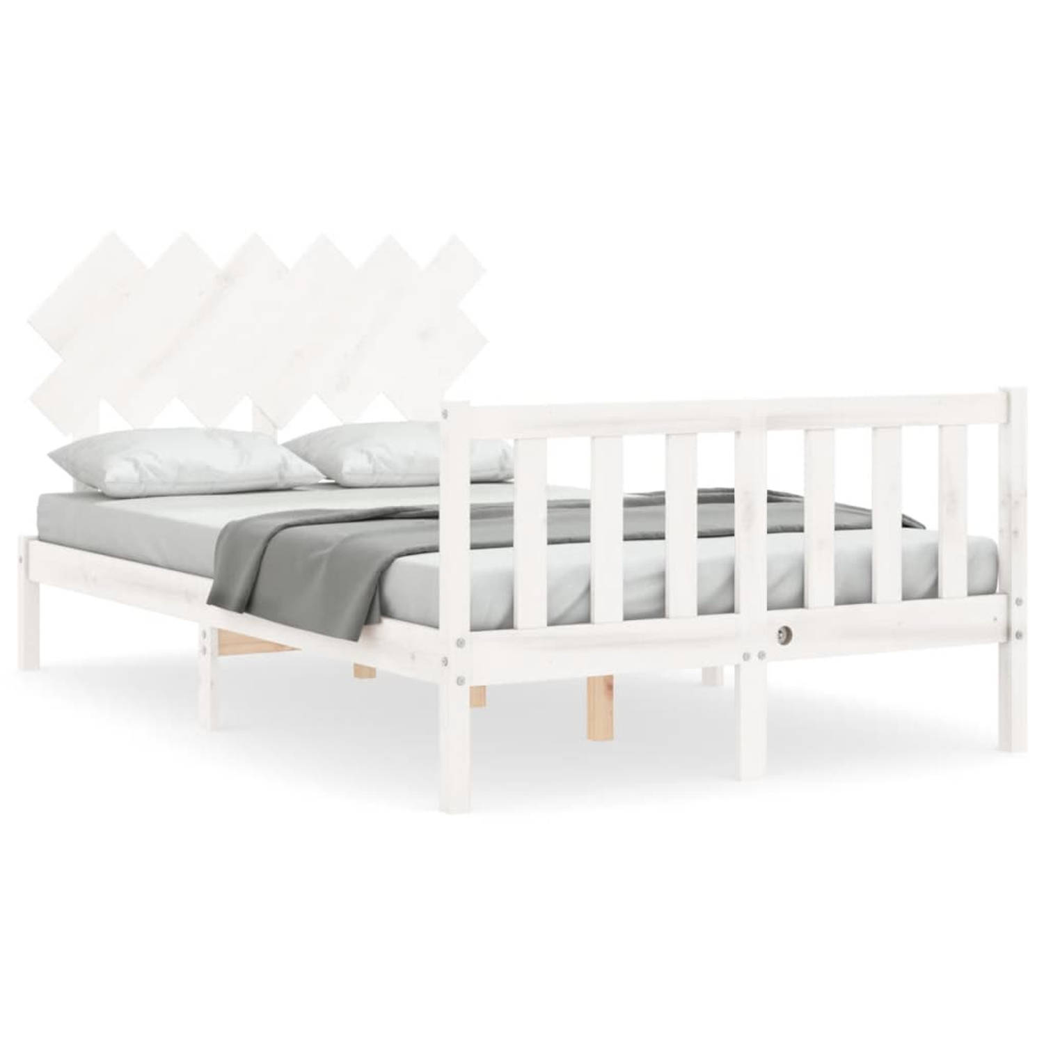 The Living Store Bedframe met hoofdbord massief hout wit 4FT6 Double - Bedframe - Bedframes - Bed - Tweepersoonsbed - Slaapkamermeubel - Houten Bedframe - Houten Bed - Bedbodem - M