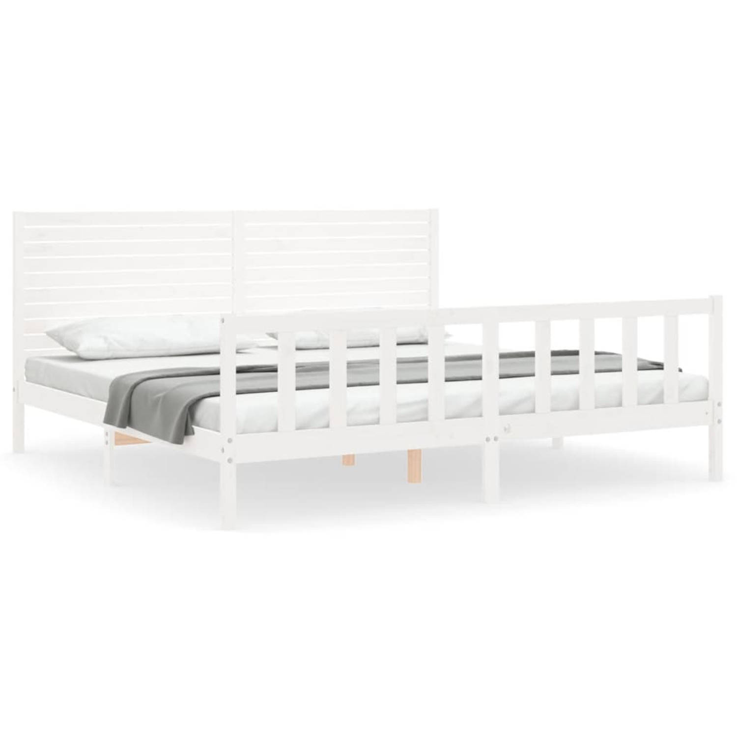 The Living Store Bedframe met hoofdbord massief hout wit 200x200 cm - Bedframe - Bedframes - Bed - Tweepersoonsbed - Slaapkamermeubel - Houten Bedframe - Houten Bed - Bedbodem - Ma