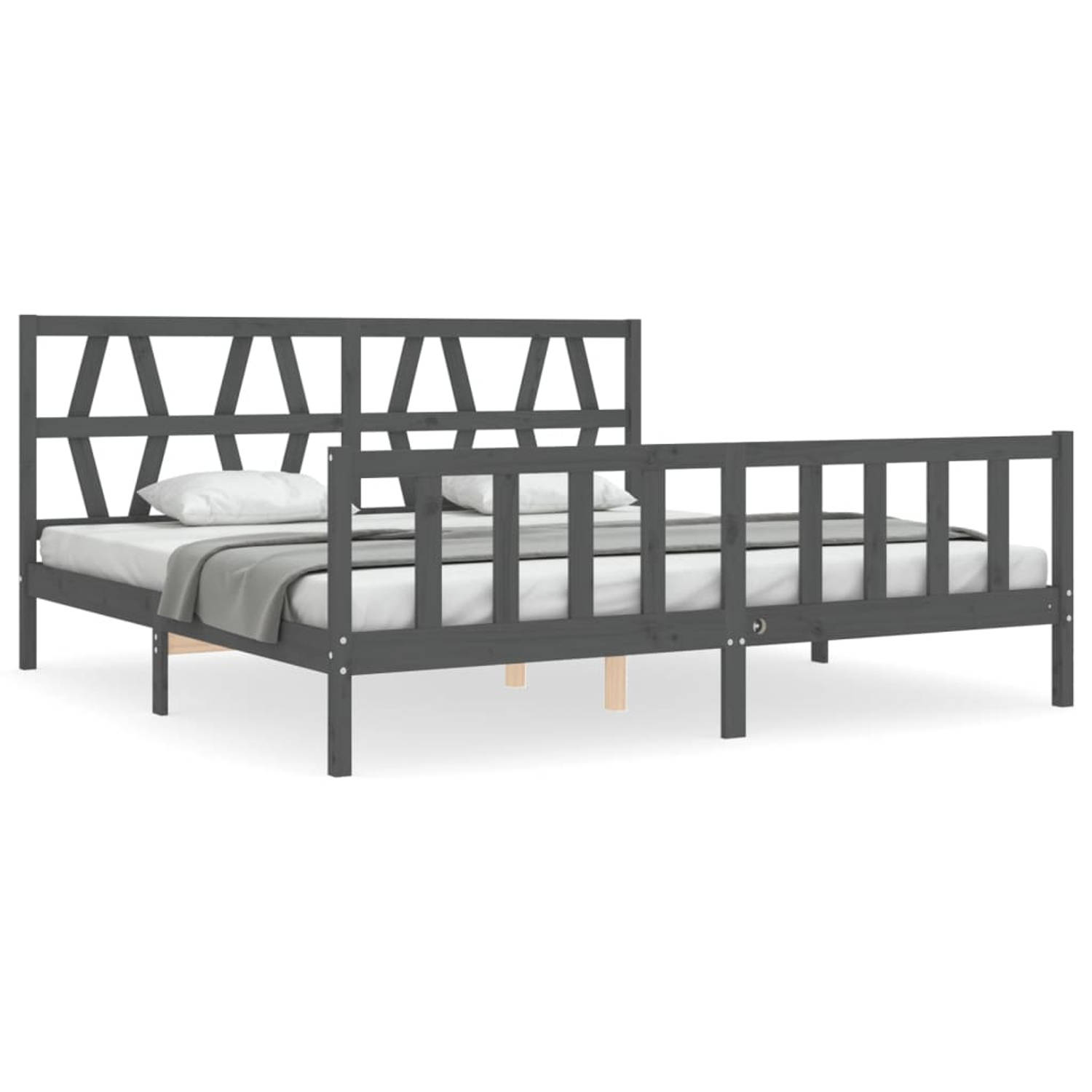 The Living Store Bedframe met hoofdbord massief hout grijs 6 FT Super King Size - Bedframe - Bedframes - Bed - Tweepersoonsbed - Slaapkamermeubel - Houten Bedframe - Houten Bed - B