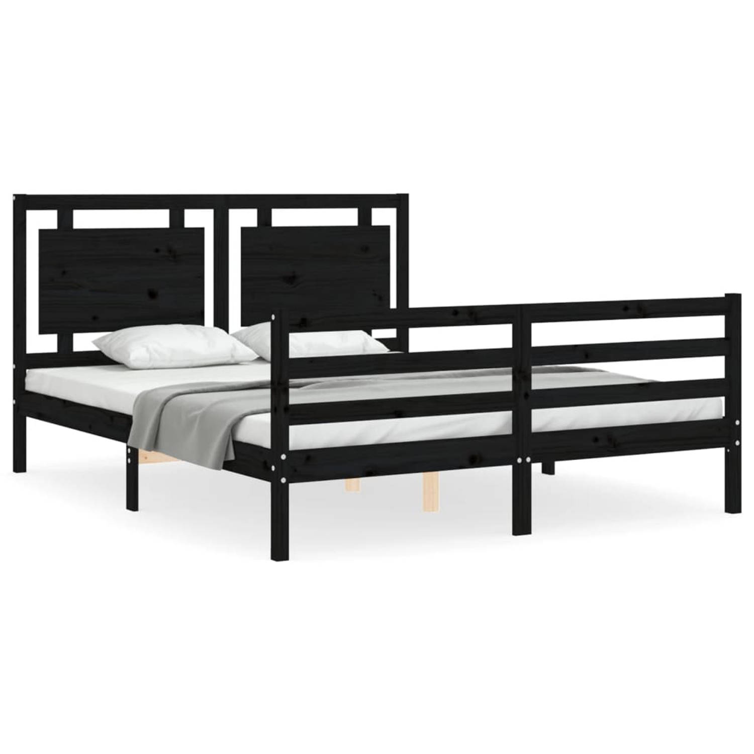 The Living Store Bedframe met hoofdbord massief hout zwart 160x200 cm - Bedframe - Bedframes - Bed - Tweepersoonsbed - Slaapkamermeubel - Houten Bedframe - Houten Bed - Bedbodem -