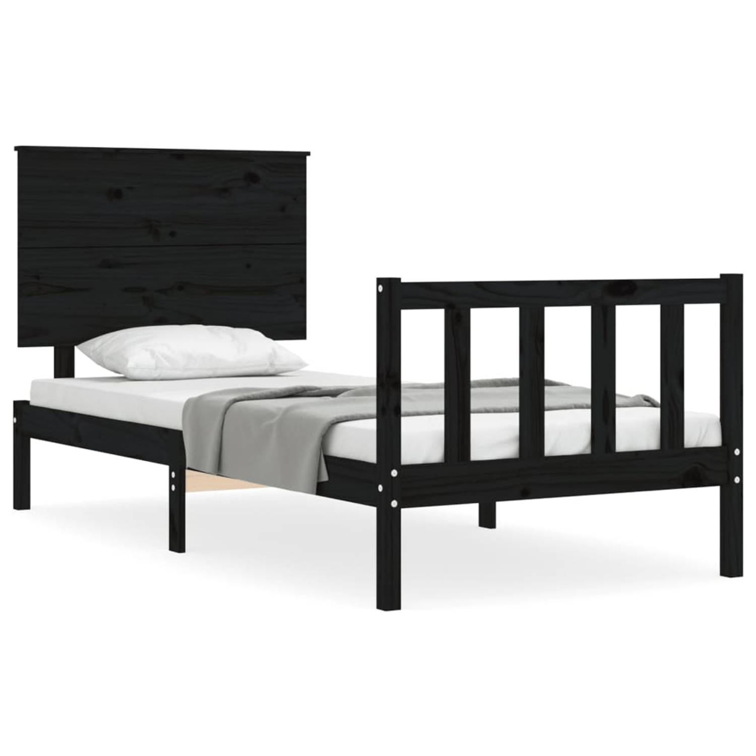 The Living Store Bedframe met hoofdbord massief hout zwart 100x200 cm - Bedframe - Bedframes - Bed - Eenpersoonsbed - Slaapkamermeubel - Houten Bedframe - Houten Bed - Bedbodem - M