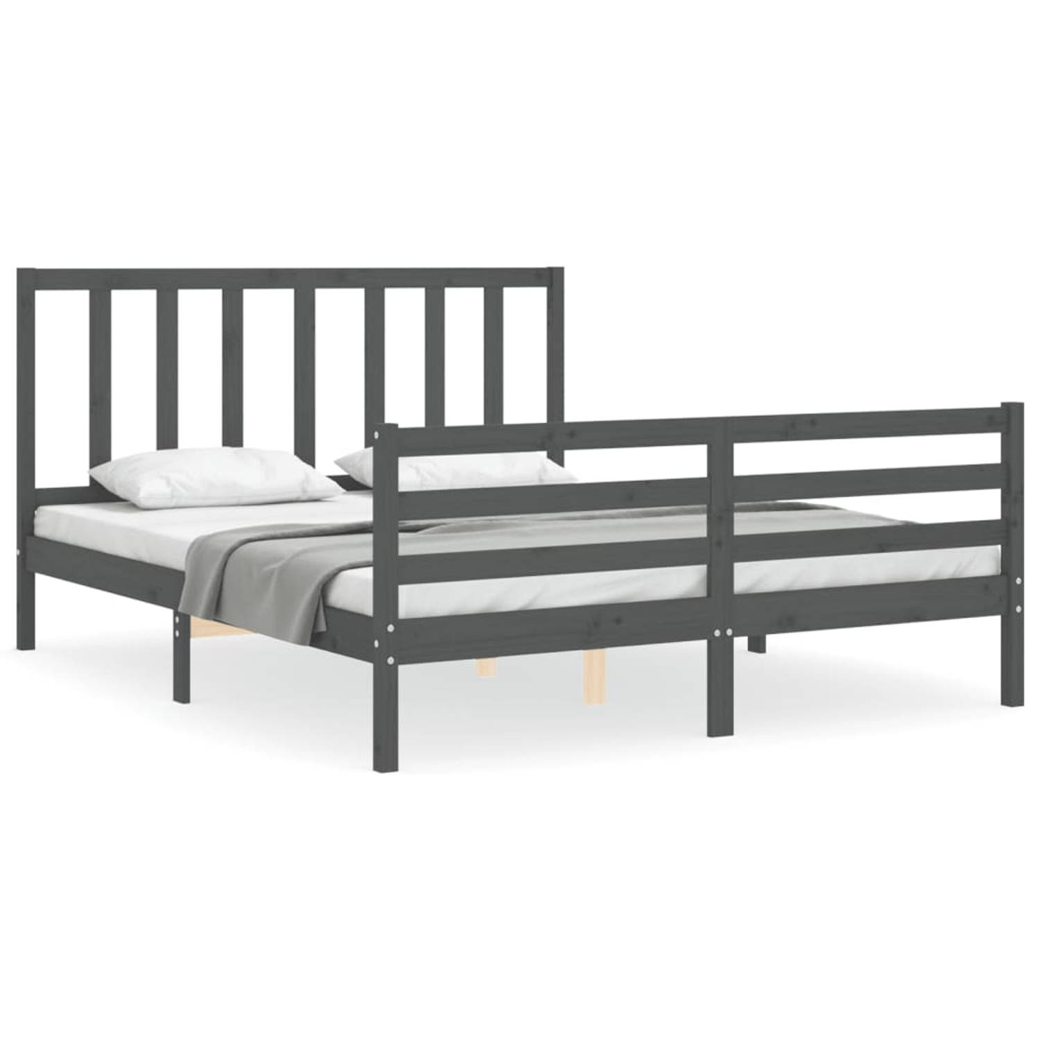 The Living Store Bedframe met hoofdbord massief hout grijs 160x200 cm - Bedframe - Bedframes - Bed - Tweepersoonsbed - Slaapkamermeubel - Houten Bedframe - Houten Bed - Bedbodem -