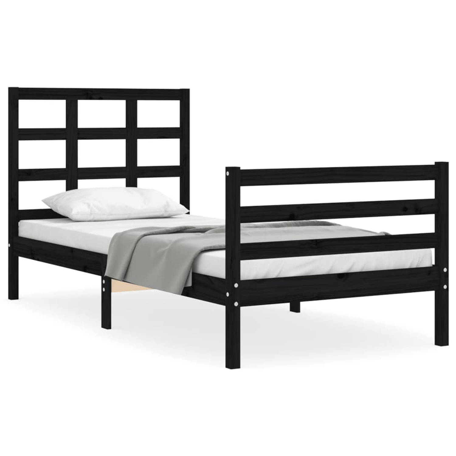 The Living Store Bedframe met hoofdbord massief hout zwart 100x200 cm - Bedframe - Bedframes - Bed - Eenpersoonsbed - Slaapkamermeubel - Houten Bedframe - Houten Bed - Bedbodem - M