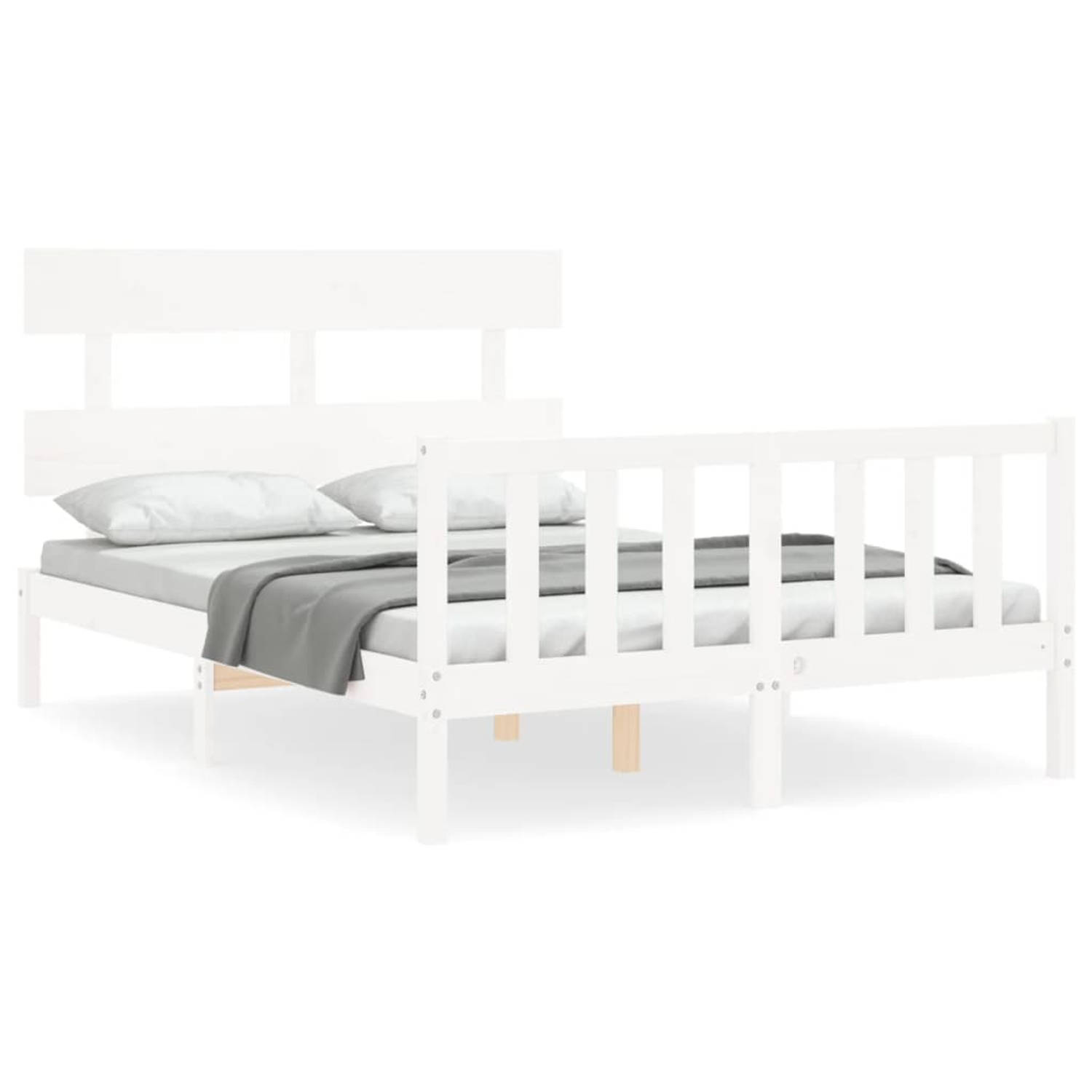 The Living Store Bedframe met hoofdbord massief hout wit 4FT6 Double - Bedframe - Bedframes - Bed - Tweepersoonsbed - Slaapkamermeubel - Houten Bedframe - Houten Bed - Bedbodem - M