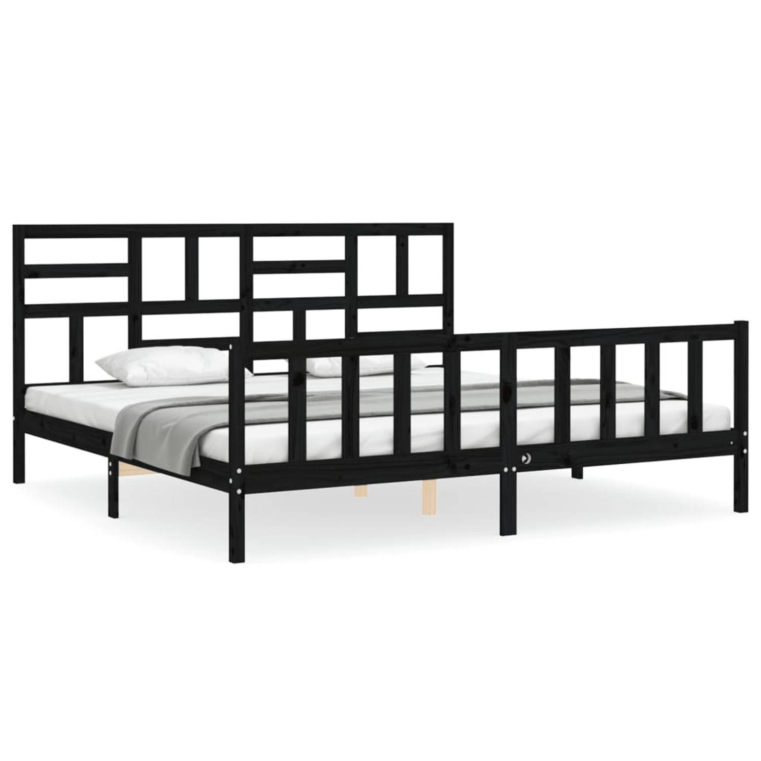 The Living Store Bedframe met hoofdbord massief hout zwart 200x200 cm - Bedframe - Bedframes - Bed - Tweepersoonsbed - Slaapkamermeubel - Houten Bedframe - Houten Bed - Bedbodem -