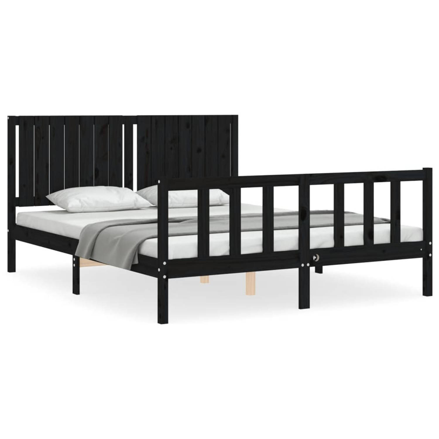 The Living Store Bedframe met hoofdbord massief hout zwart 160x200 cm - Bedframe - Bedframes - Bed - Tweepersoonsbed - Slaapkamermeubel - Houten Bedframe - Houten Bed - Bedbodem -