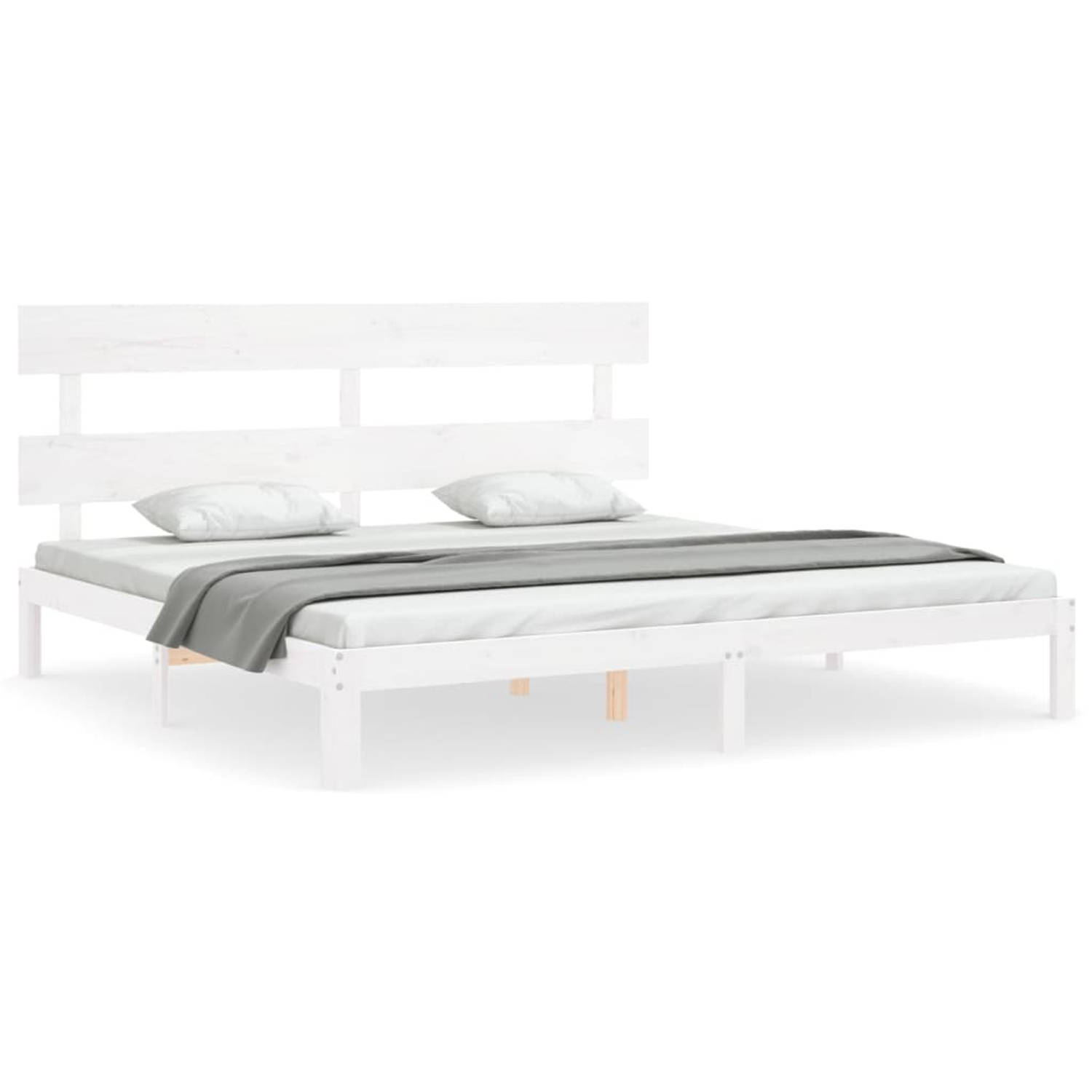 The Living Store Bedframe met hoofdbord massief hout wit 200x200 cm - Bed