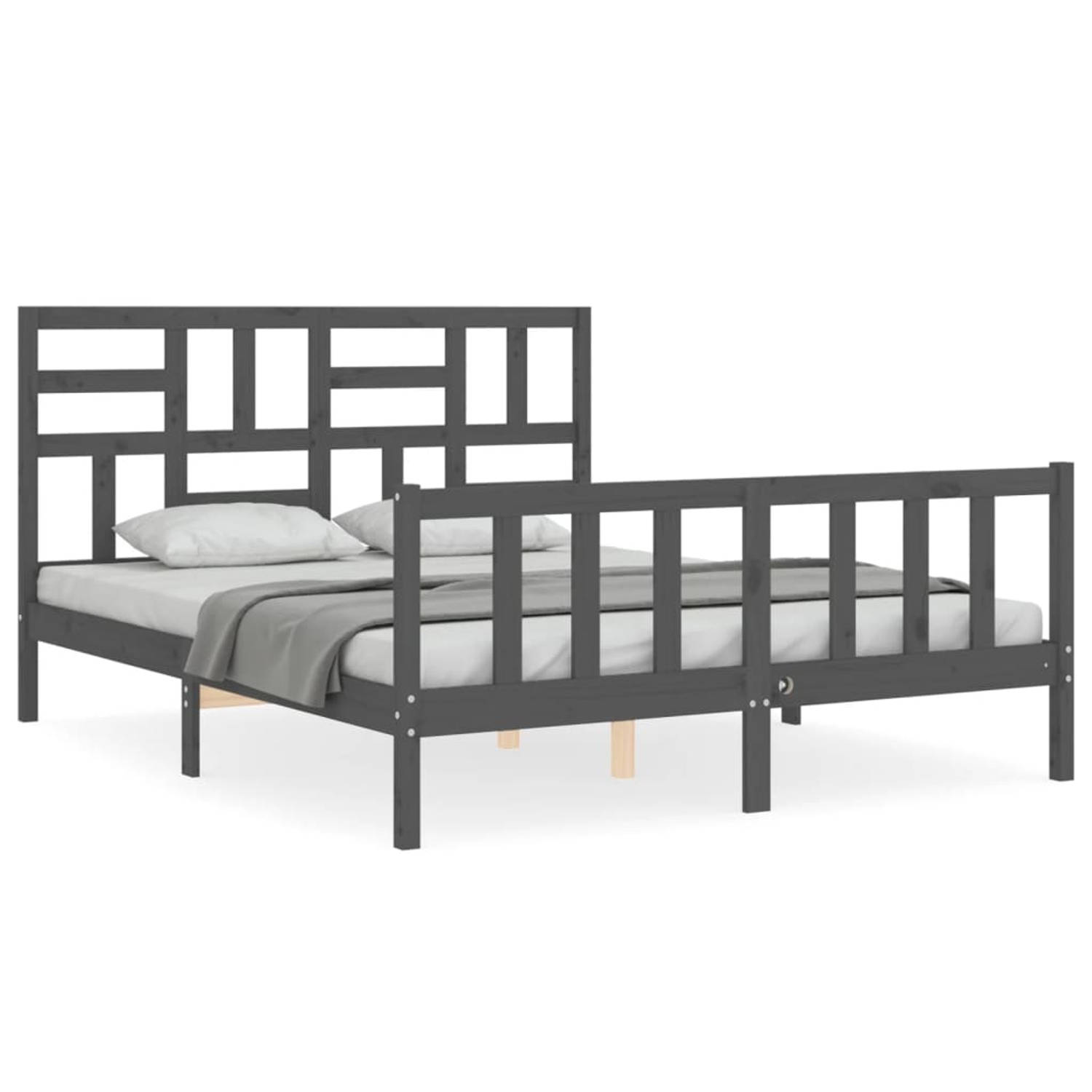 The Living Store Bedframe met hoofdbord massief hout grijs 160x200 cm - Bedframe - Bedframes - Bed - Tweepersoonsbed - Slaapkamermeubel - Houten Bedframe - Houten Bed - Bedbodem -