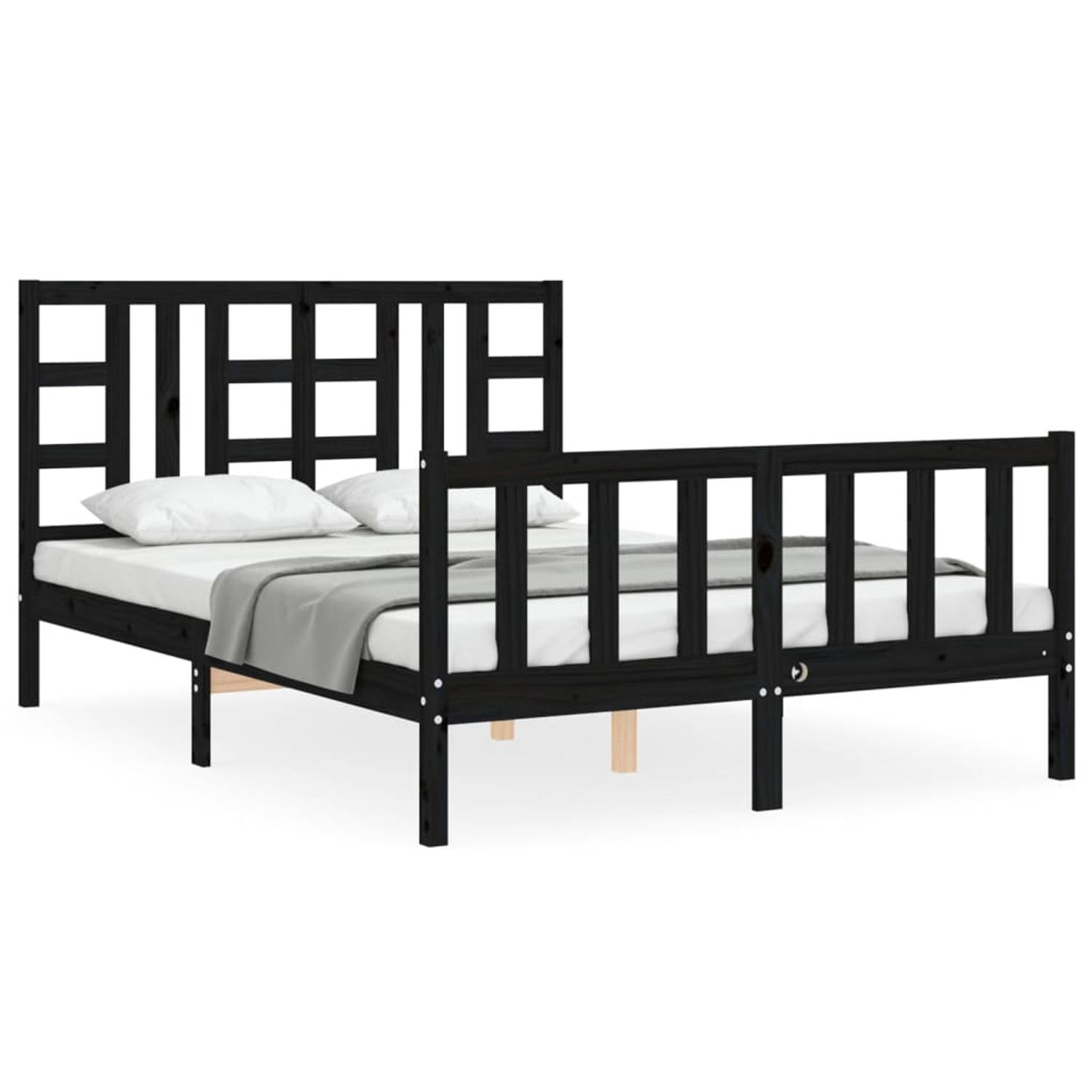 The Living Store Bedframe met hoofdbord massief hout zwart 4FT6 Double - Bedframe - Bedframes - Bed - Tweepersoonsbed - Slaapkamermeubel - Houten Bedframe - Houten Bed - Bedbodem -