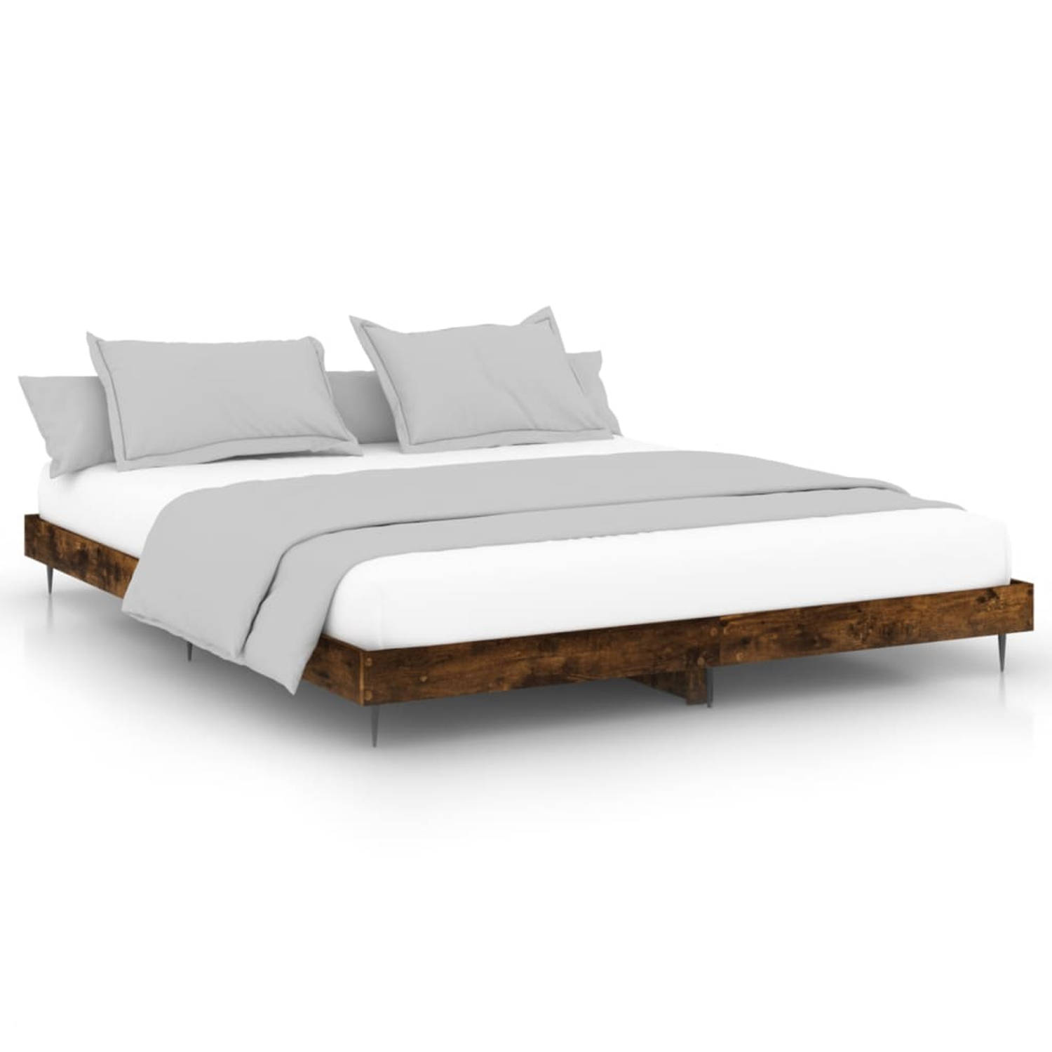 The Living Store Bedframe bewerkt hout gerookt eikenkleurig 150x200 cm - Bed