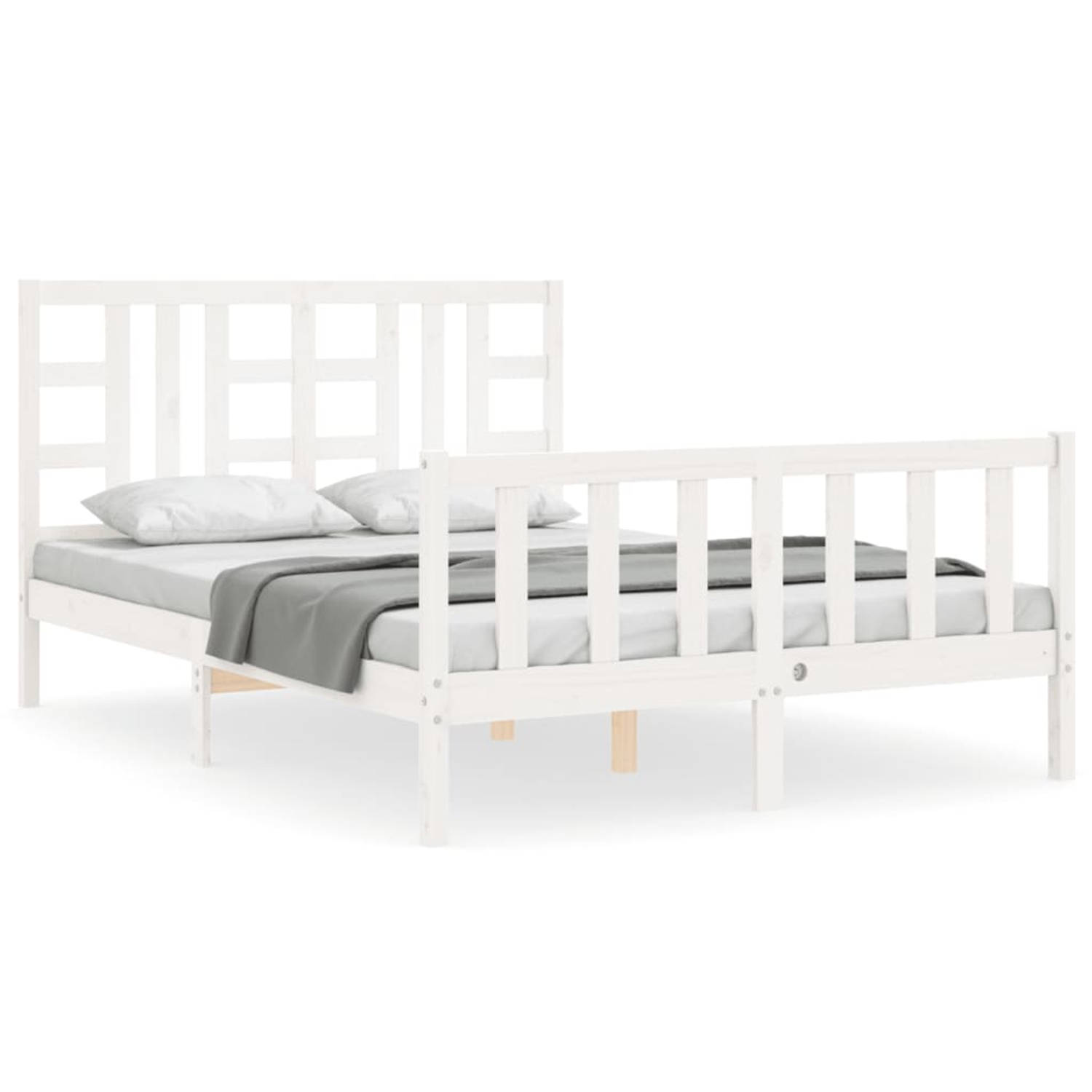 The Living Store Bedframe met hoofdbord massief hout wit 140x190 cm - Bed