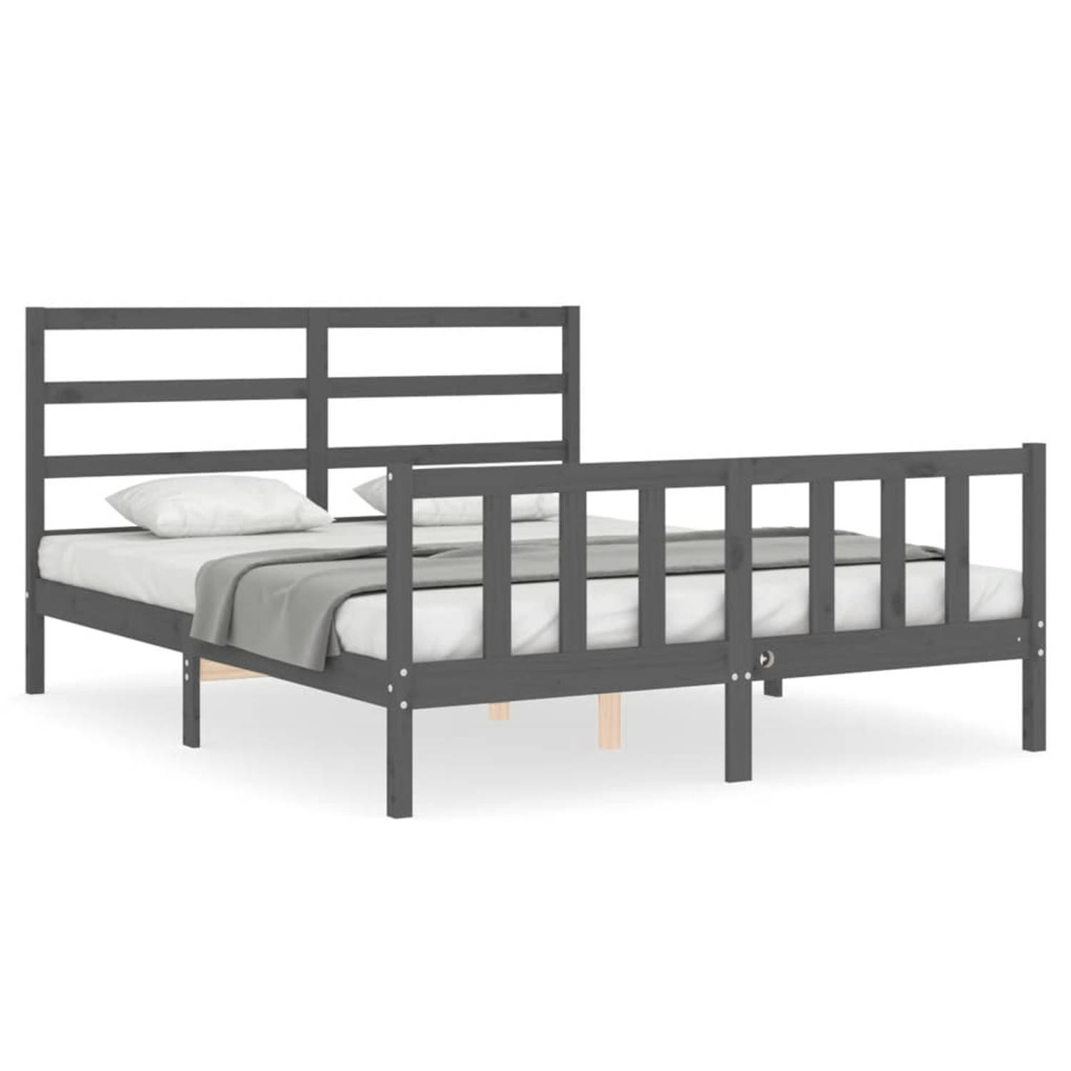 The Living Store Bedframe met hoofdbord massief hout grijs 160x200 cm - Bedframe - Bedframes - Bed - Tweepersoonsbed - Slaapkamermeubel - Houten Bedframe - Houten Bed - Bedbodem -