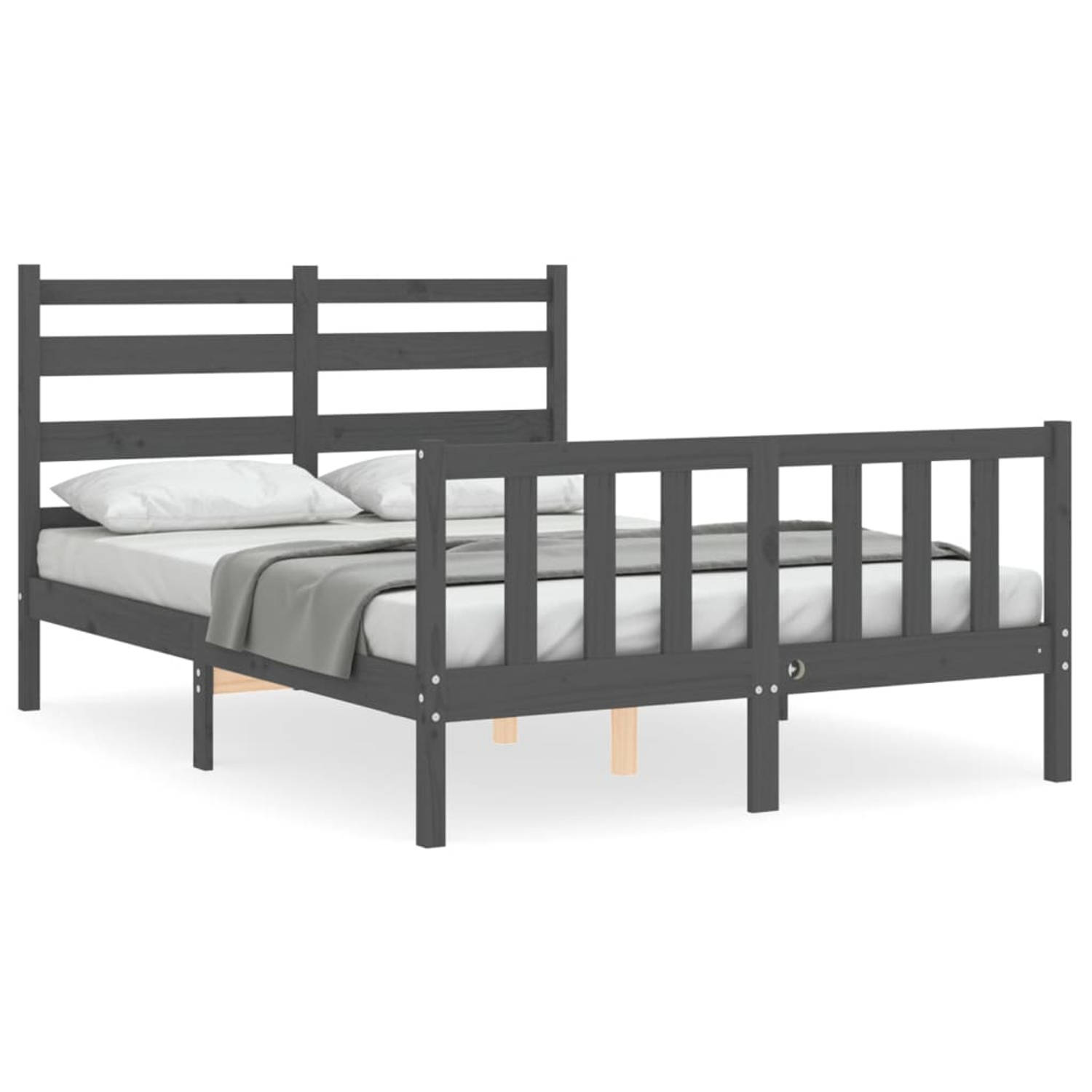 The Living Store Bedframe met hoofdbord massief hout grijs 140x190 cm - Bedframe - Bedframes - Bed - Tweepersoonsbed - Slaapkamermeubel - Houten Bedframe - Houten Bed - Bedbodem -